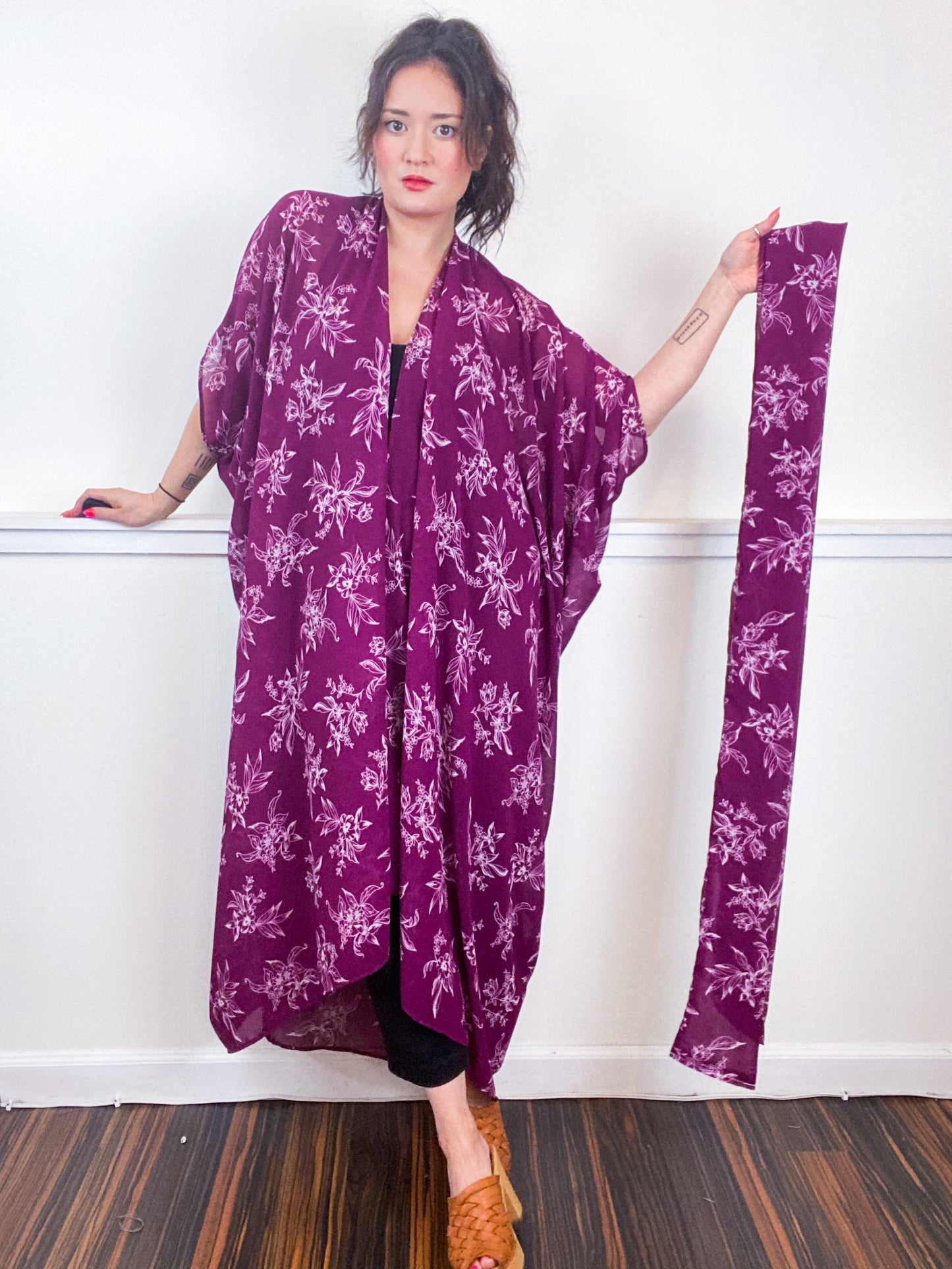 Print High Low Kimono Magenta Floral Georgette