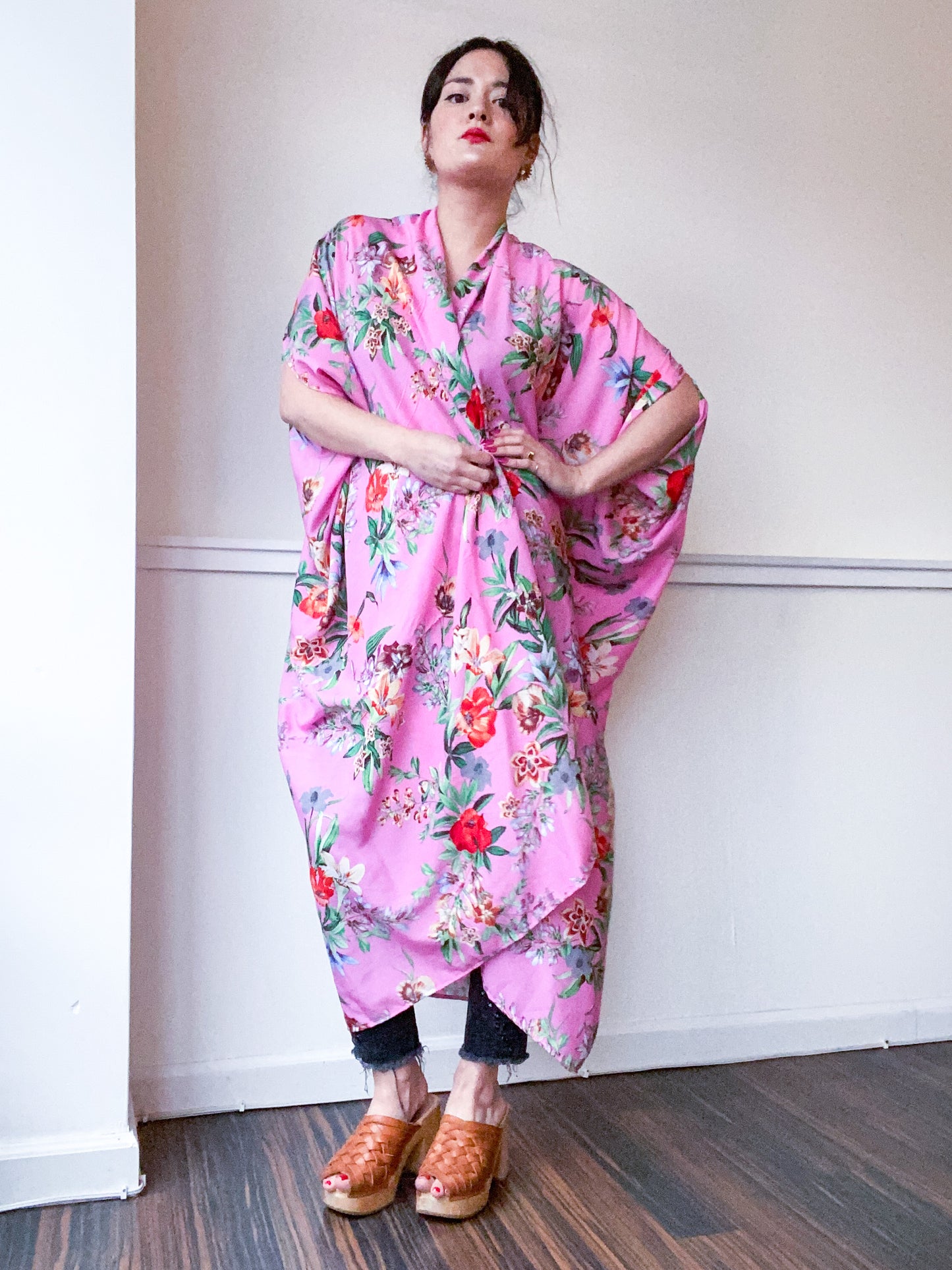 Print High Low Kimono Pink Tropical