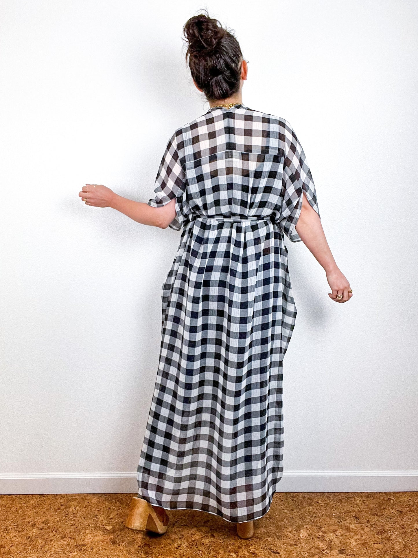 Print High Low Kimono Black White Buffalo Crinkle Chiffon