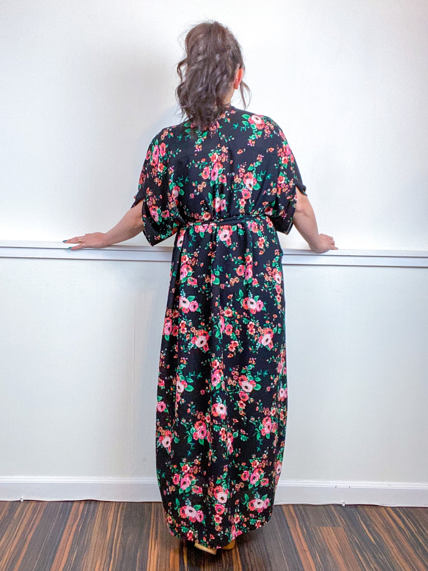 Print High Low Kimono Black Orange Pink Rose Bubble Crepe