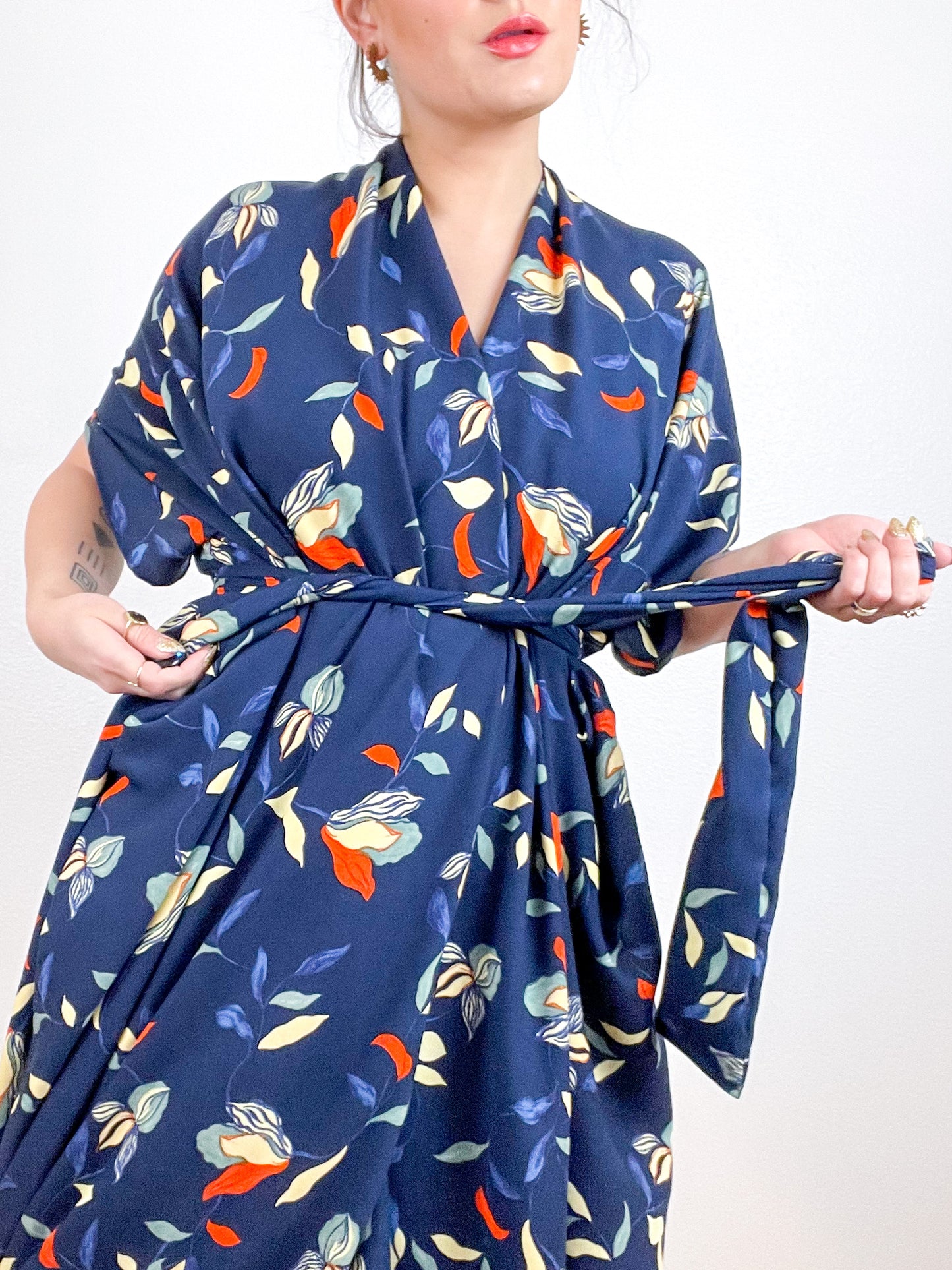 High Low Kimono Navy Orange Magnolias Rayon Challis