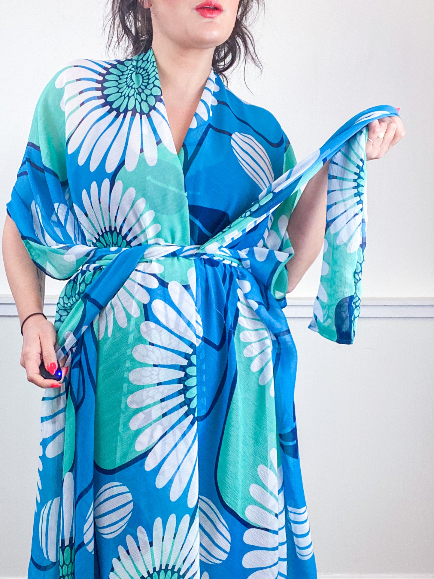 Print High Low Kimono Turquoise Pop Floral Crinkle Chiffon