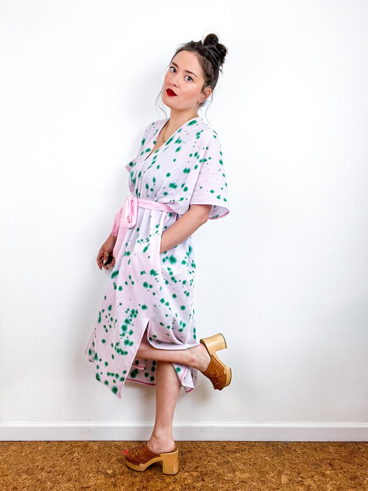 Single Gauze Midi Caftan Dress Blush Green Speckle