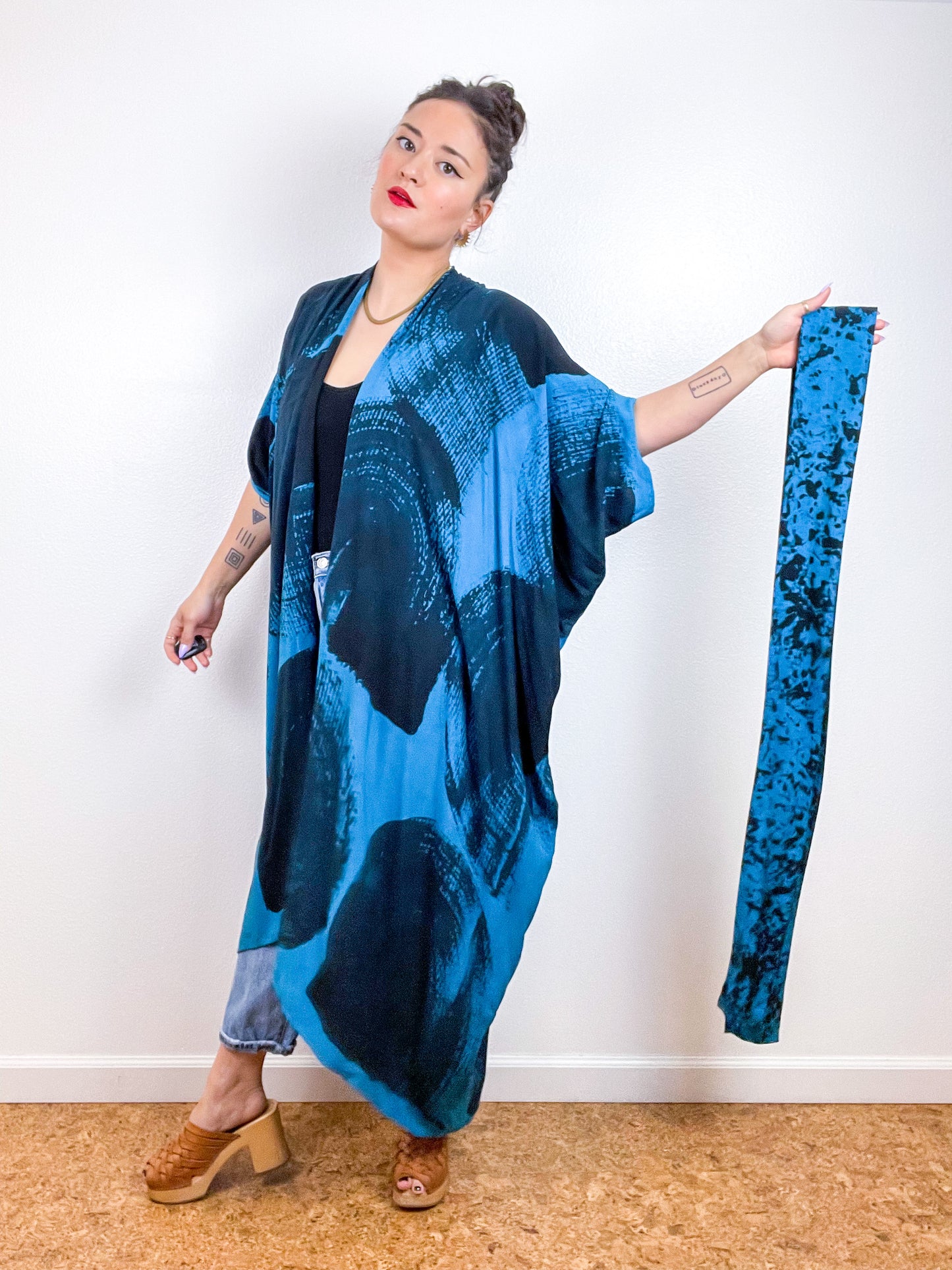 Hand-Dyed High Low Kimono Turquoise Black Brushstroke