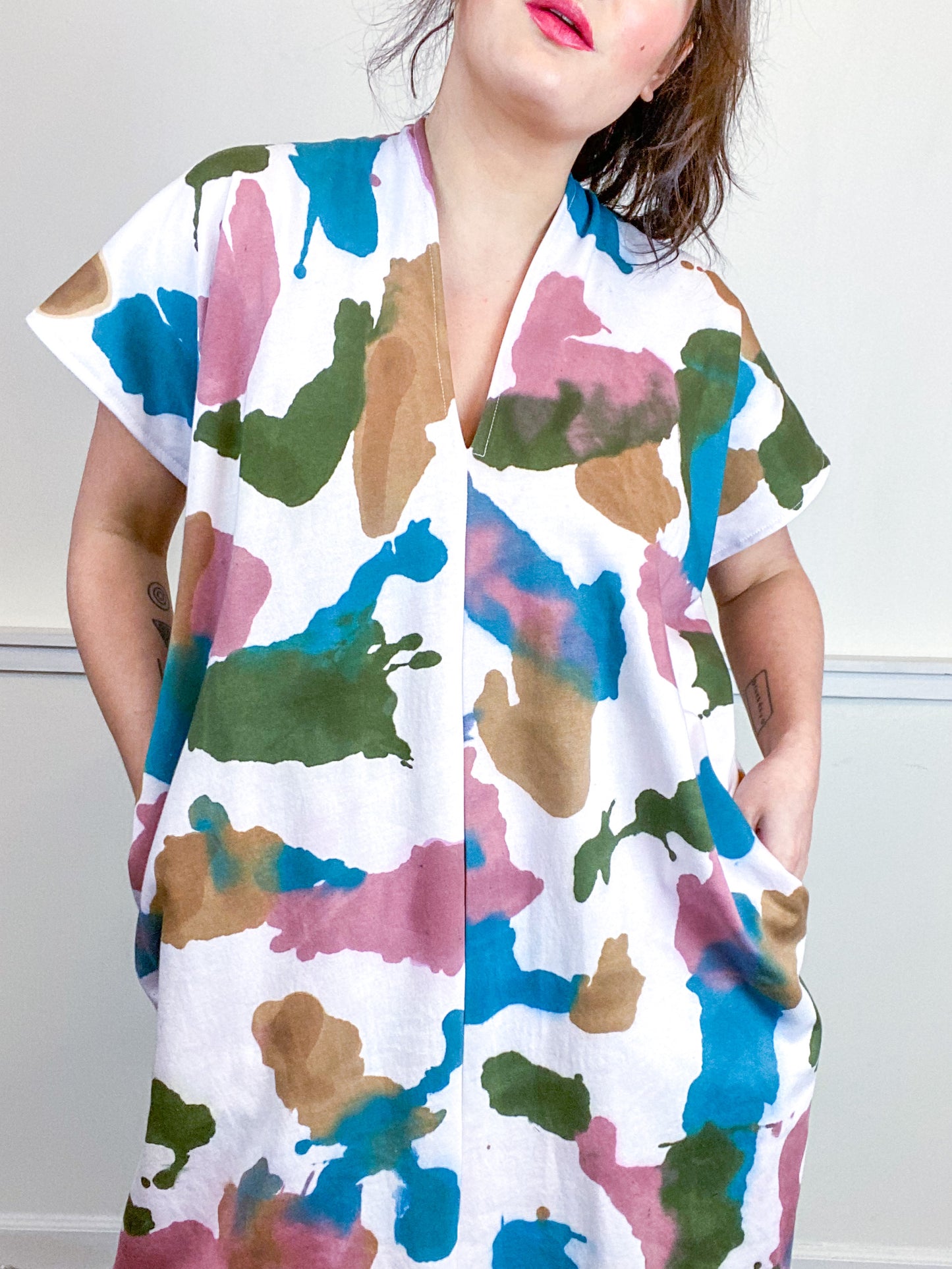 Hand-Dyed Sweatshirt Smock Dress Teal Maroon Moss Amber