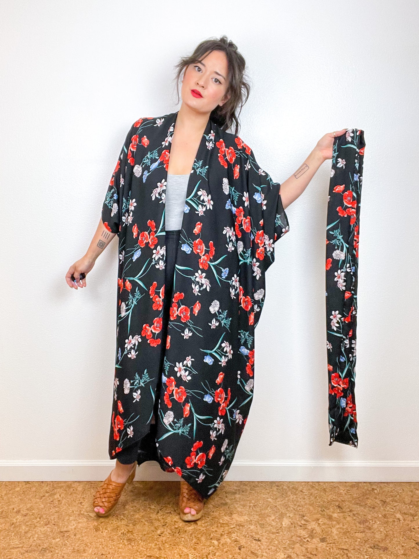 Print High Low Kimono Black Red Floral Crinkle Gauze