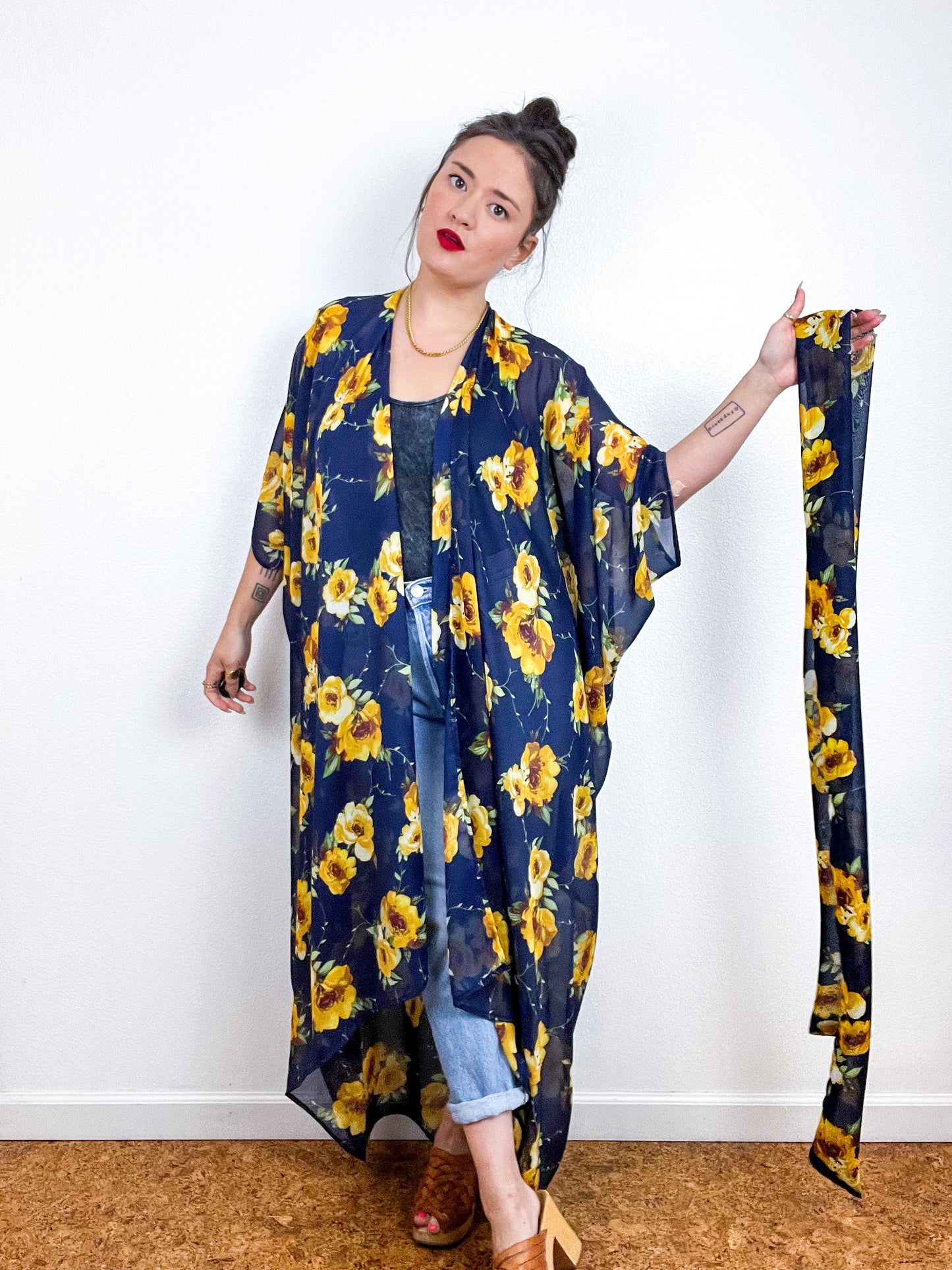 Print High Low Kimono Navy Yellow Floral Chiffon
