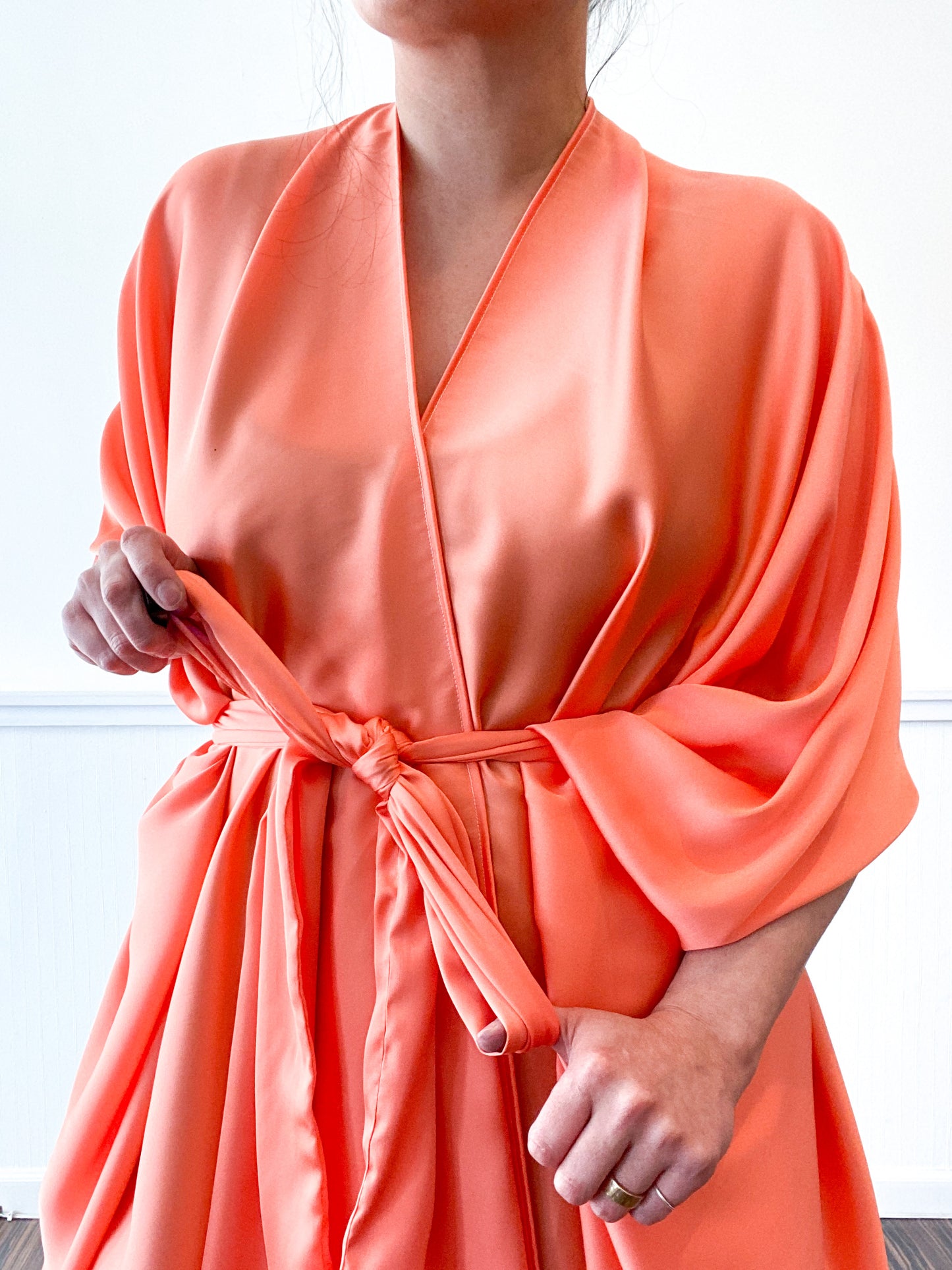 Print High Low Kimono Solid Melon Charmeuse