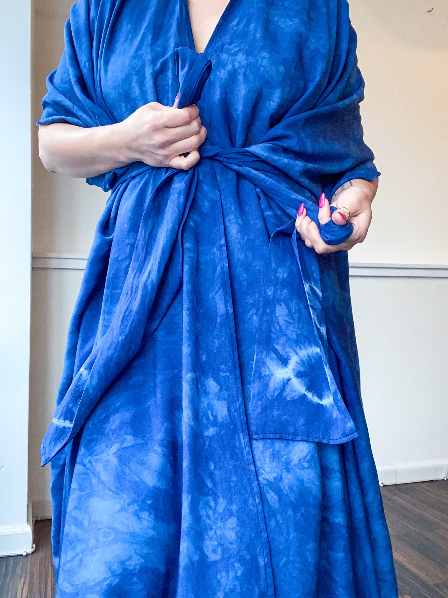 Hand-Dyed High Low Kimono Indigo Circles
