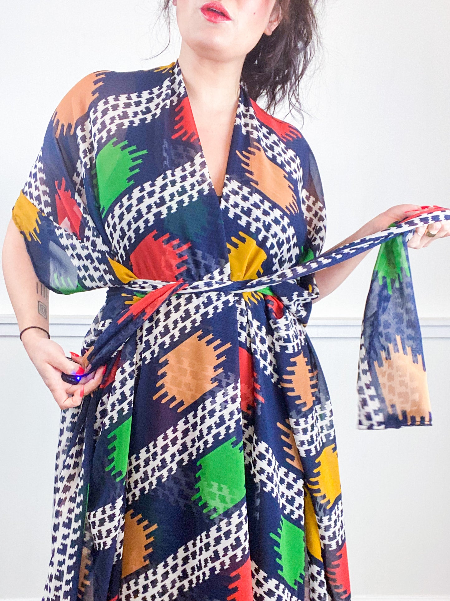 Print High Low Kimono Navy Southwest Chiffon