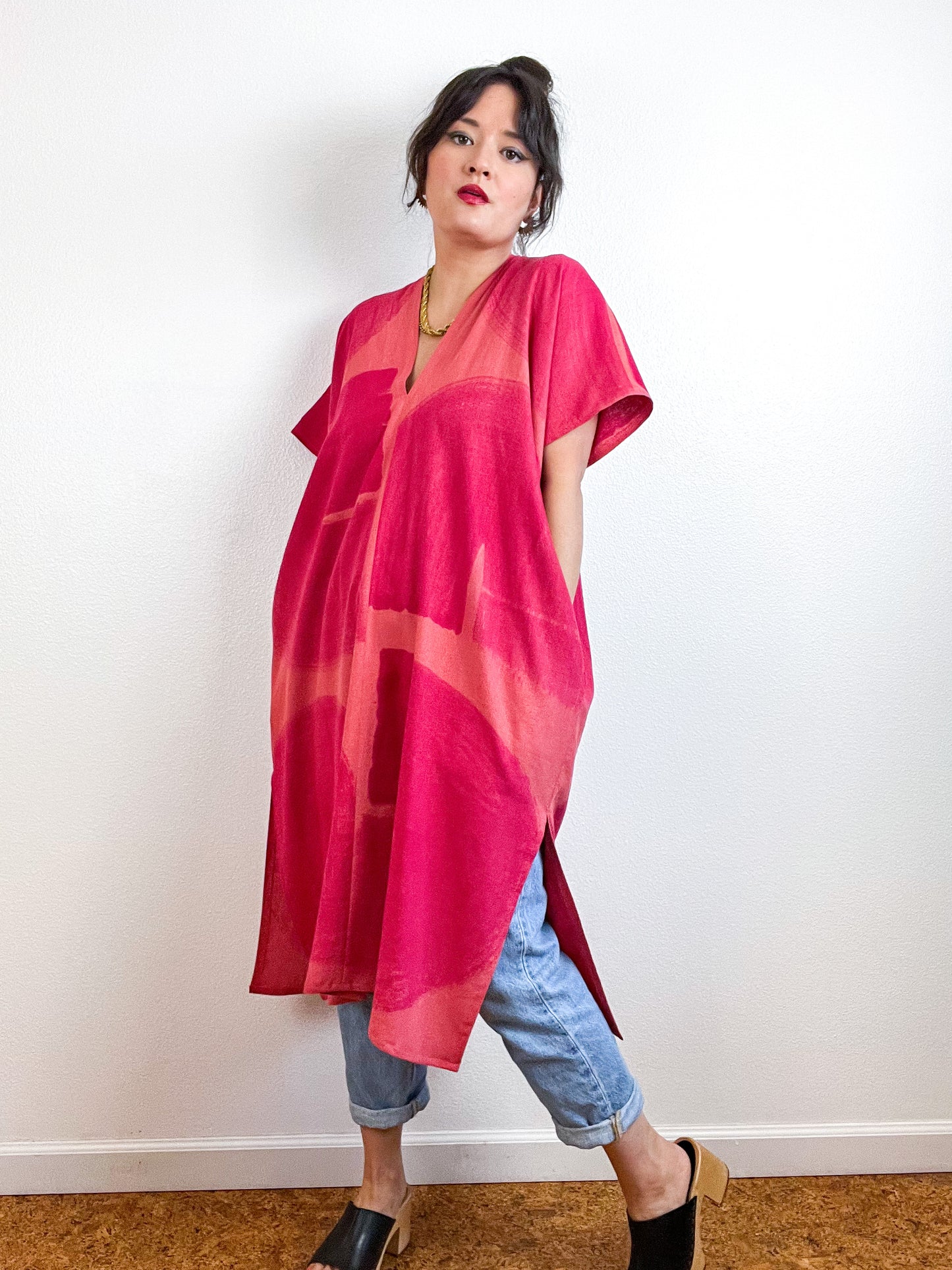 Hand-Dyed Midi Smock Dress Orange Fuchsia Brush