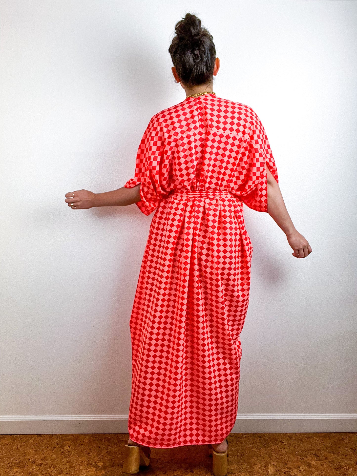 Print High Low Kimono Neon Checker Crepe de Chine