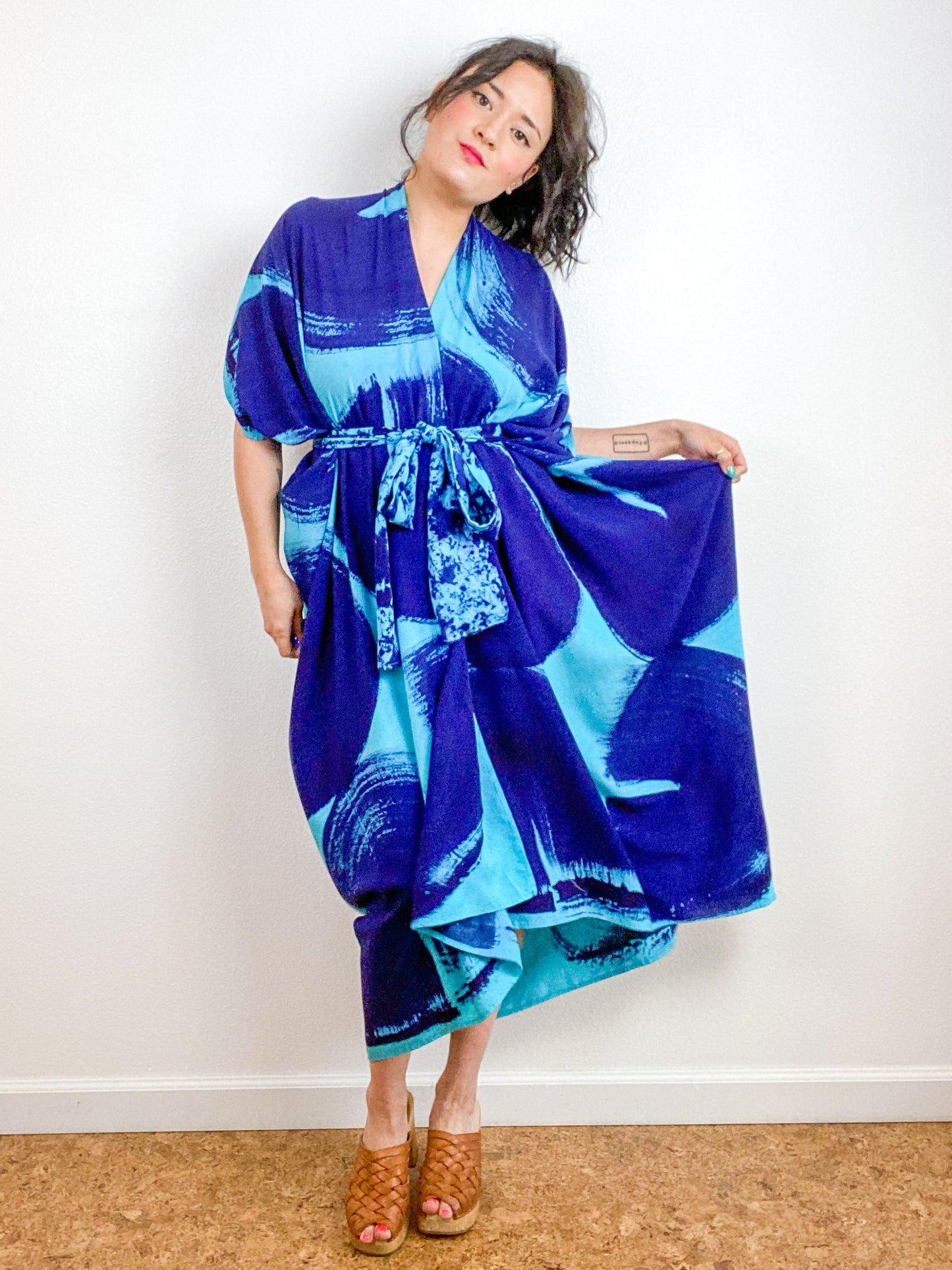Hand-Dyed High Low Kimono Turquoise Royal Brushstroke