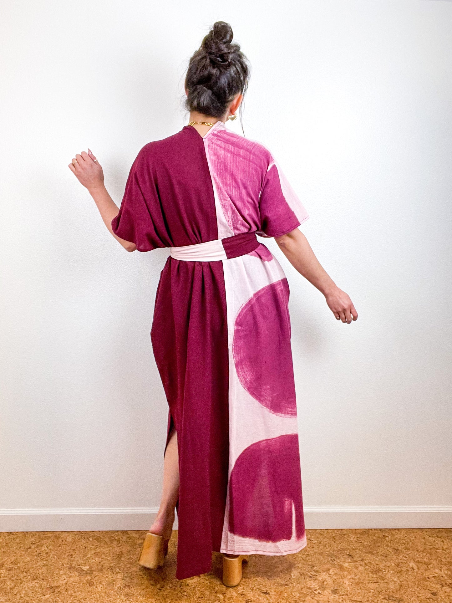 Single Gauze Duster Kimono Maroon Blush Brushstrokes
