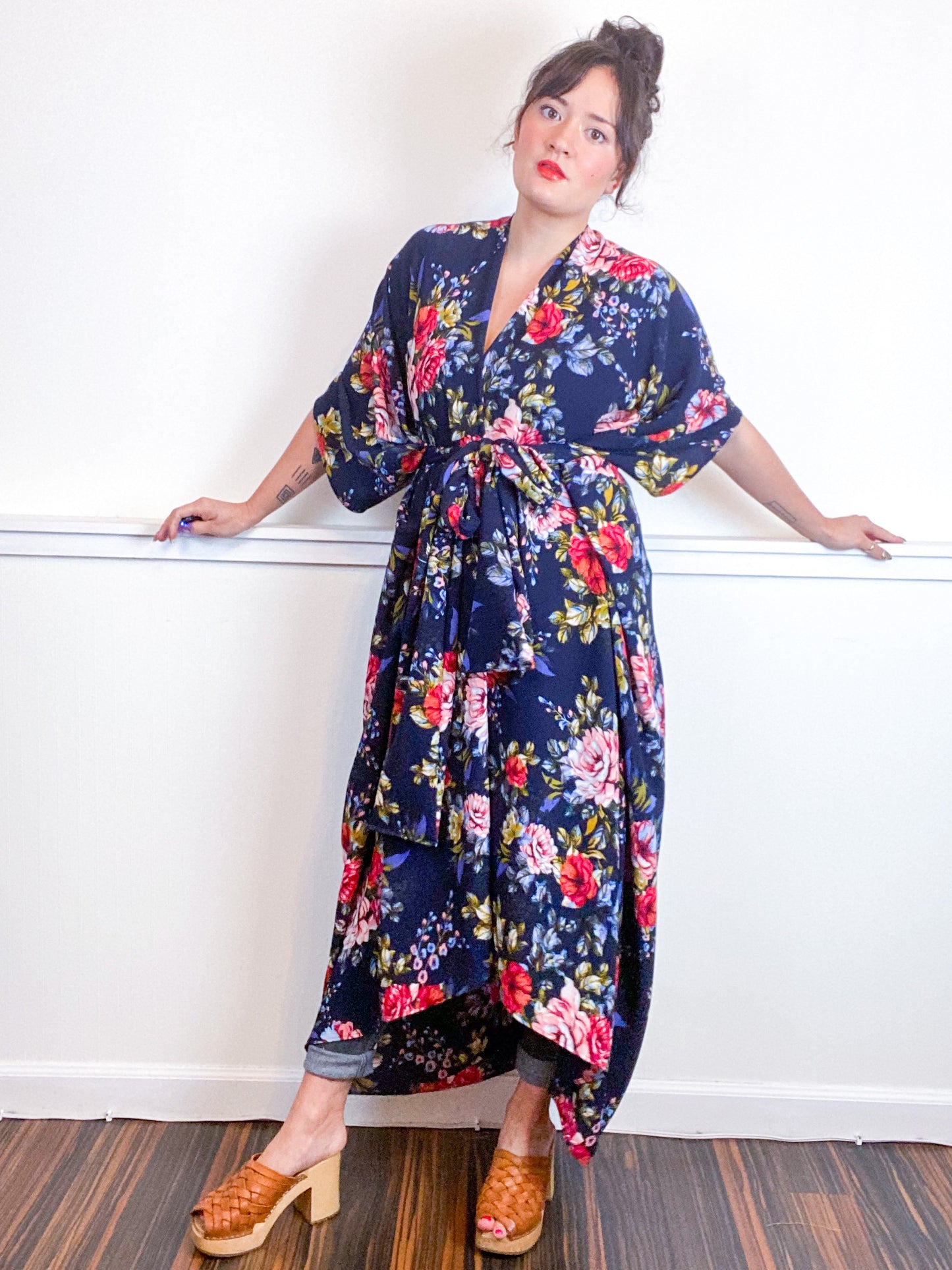 Print High Low Kimono Navy Bouquet Floral Bubble Crepe