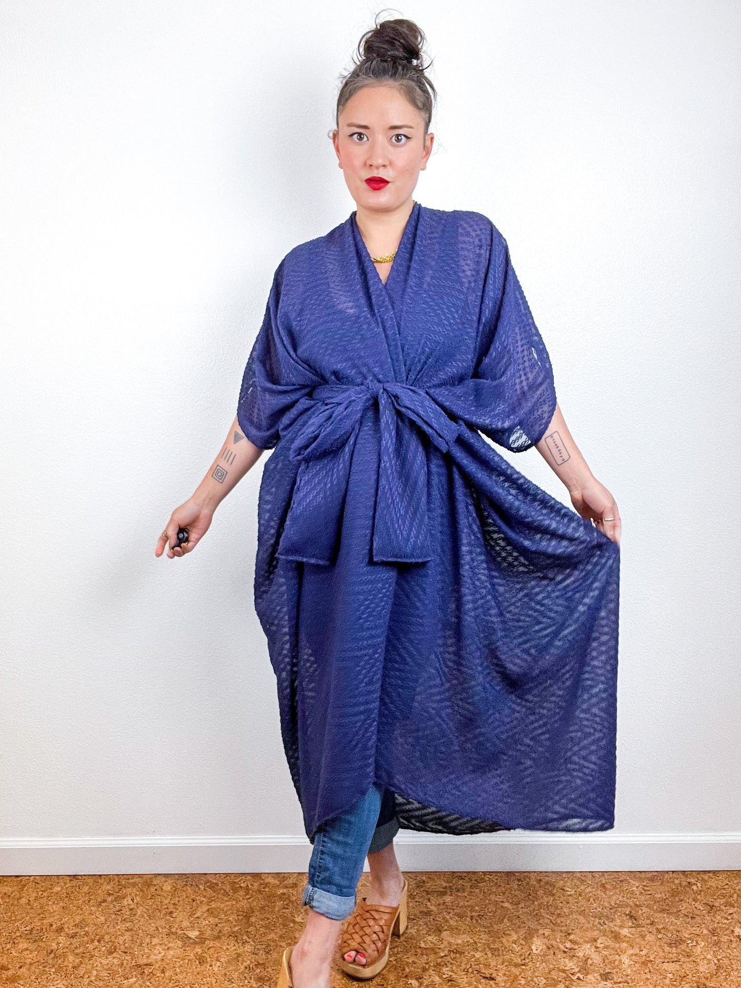 Solid High Low Kimono Navy Flocked Chevron Chiffon