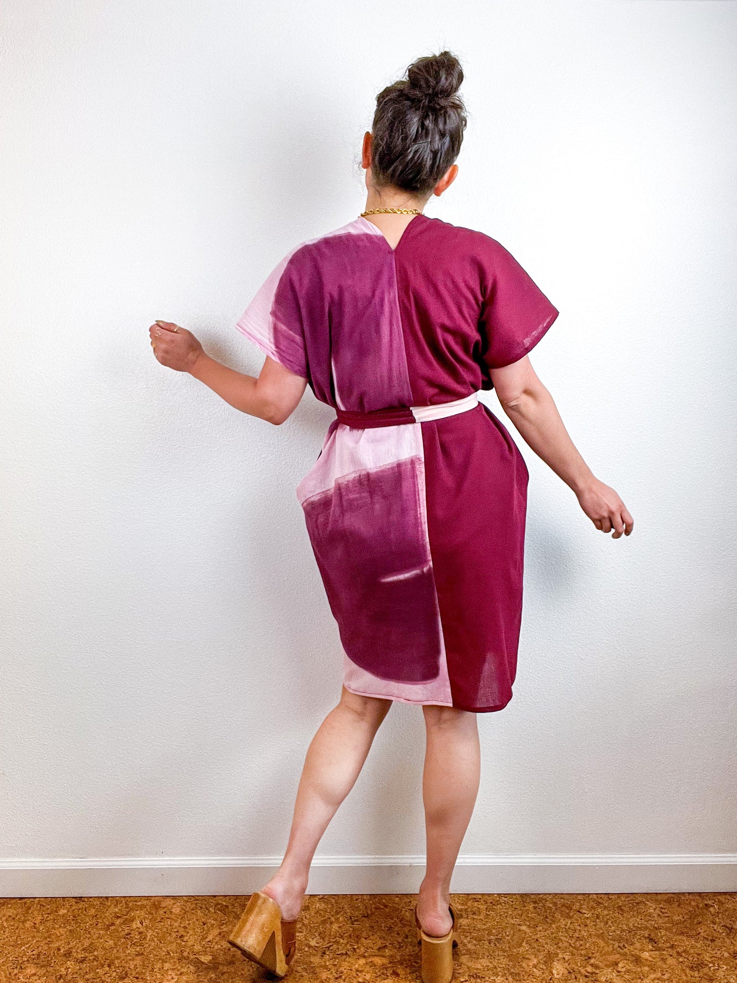 Single Gauze Mini Caftan Dress Maroon Blush Brushstrokes