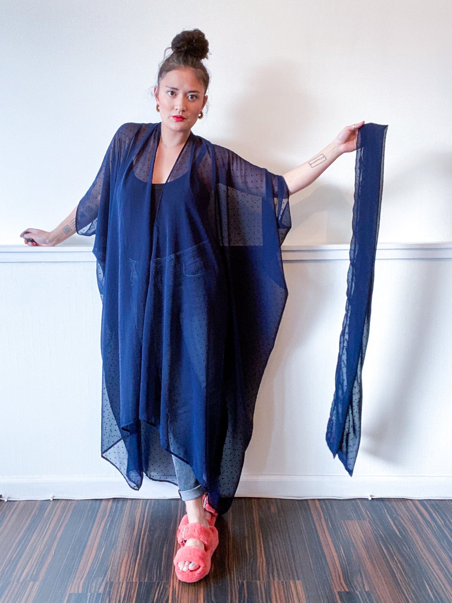 Print High Low Kimono Navy Swiss Dot Chiffon