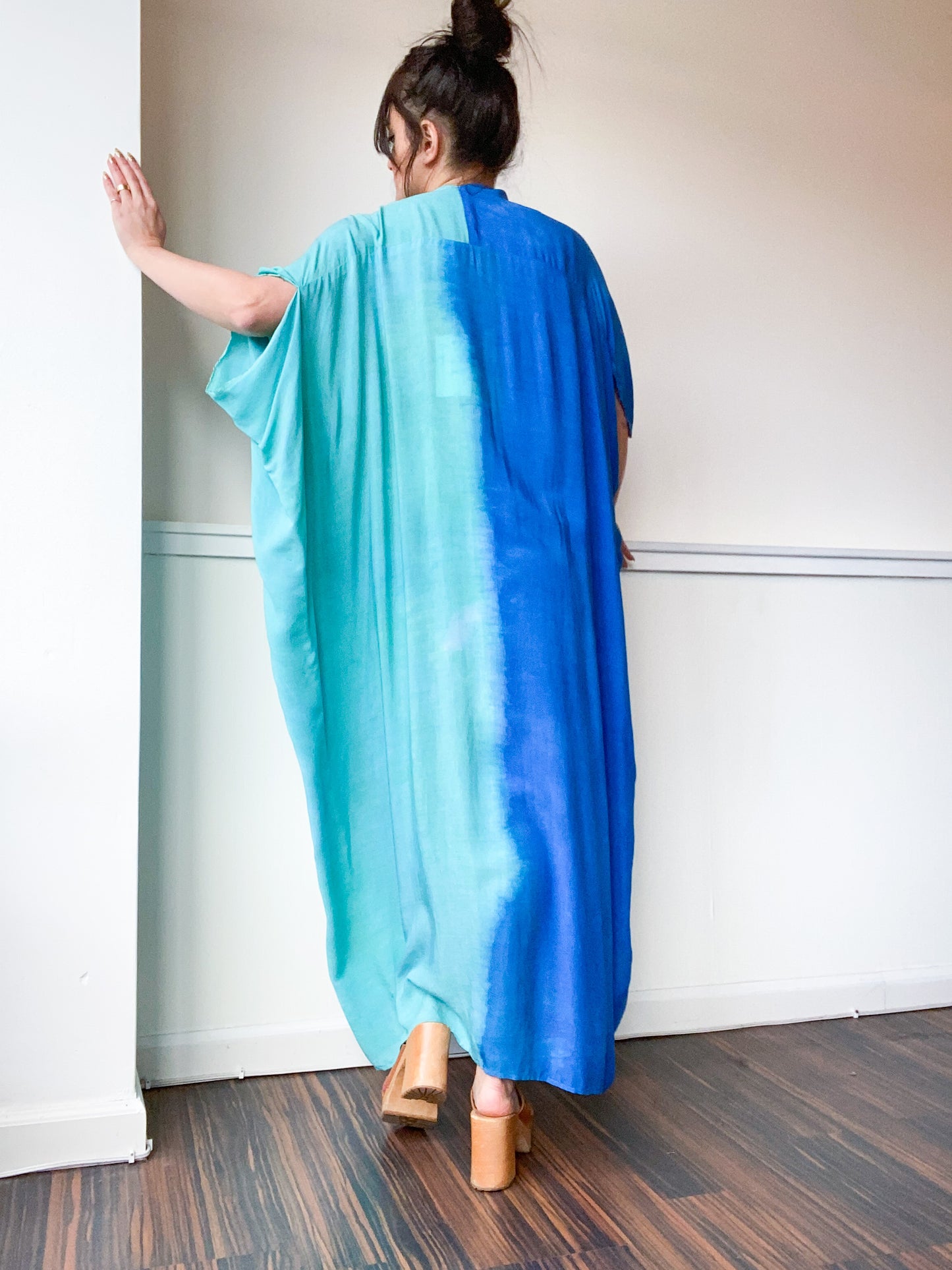 Hand-Dyed High Low Long Kimono 2-Tone Aqua Blue