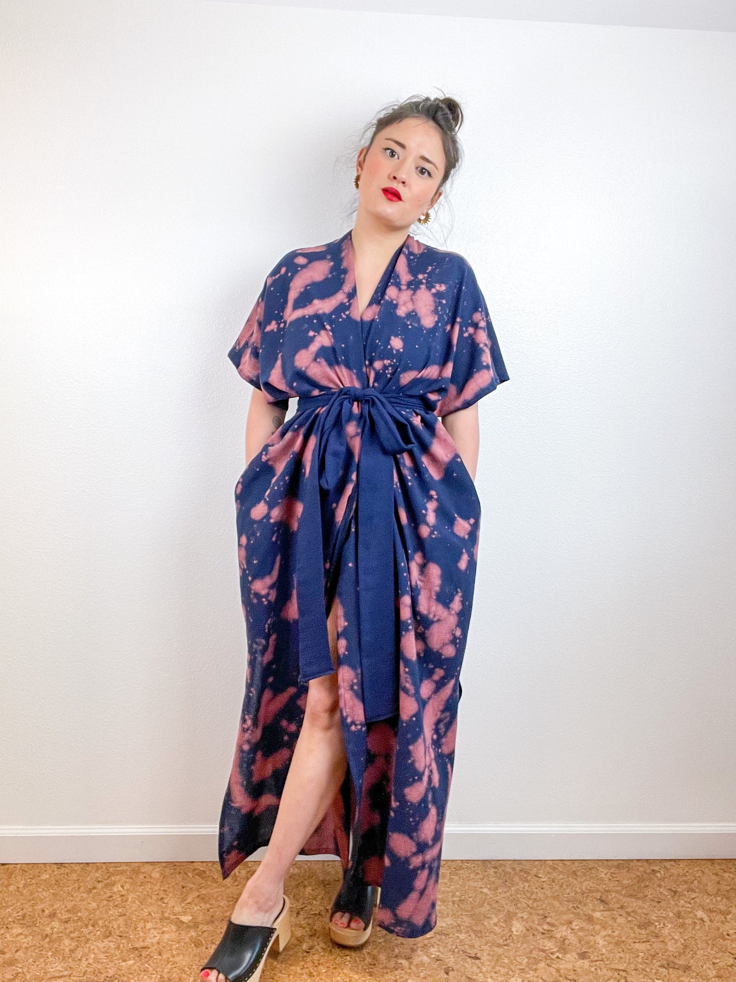 Single Gauze Duster Kimono Navy Peach Speckle