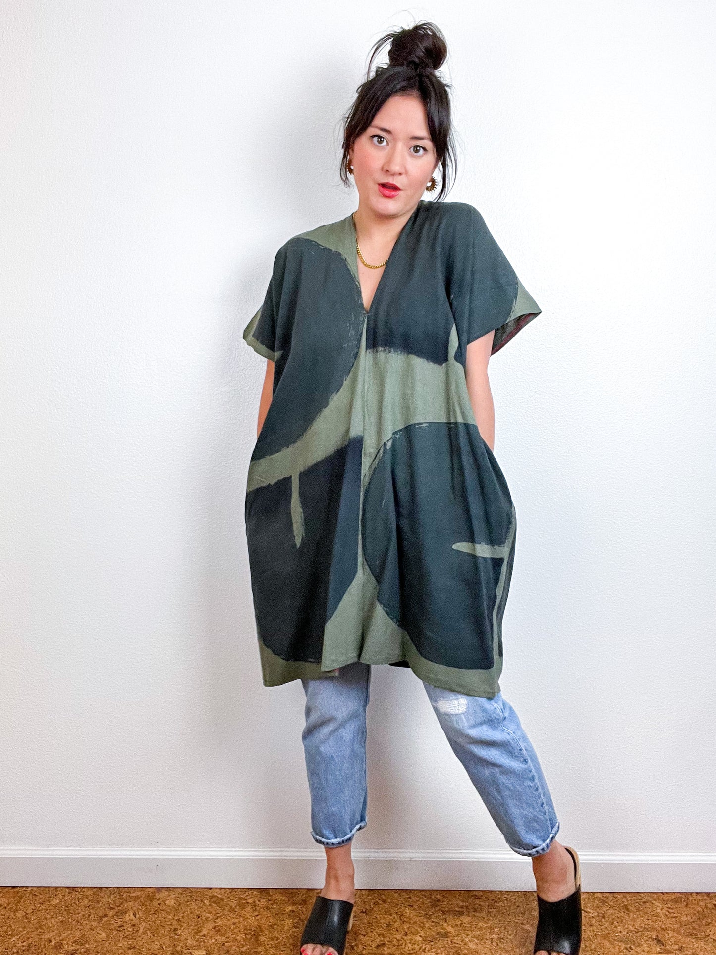 Hand-Dyed Mini Smock Dress Olive Black Brush