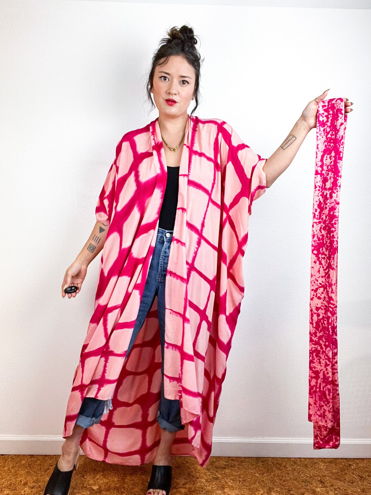 Hand-Dyed High Low Kimono Peach Fuchsia Windowpane