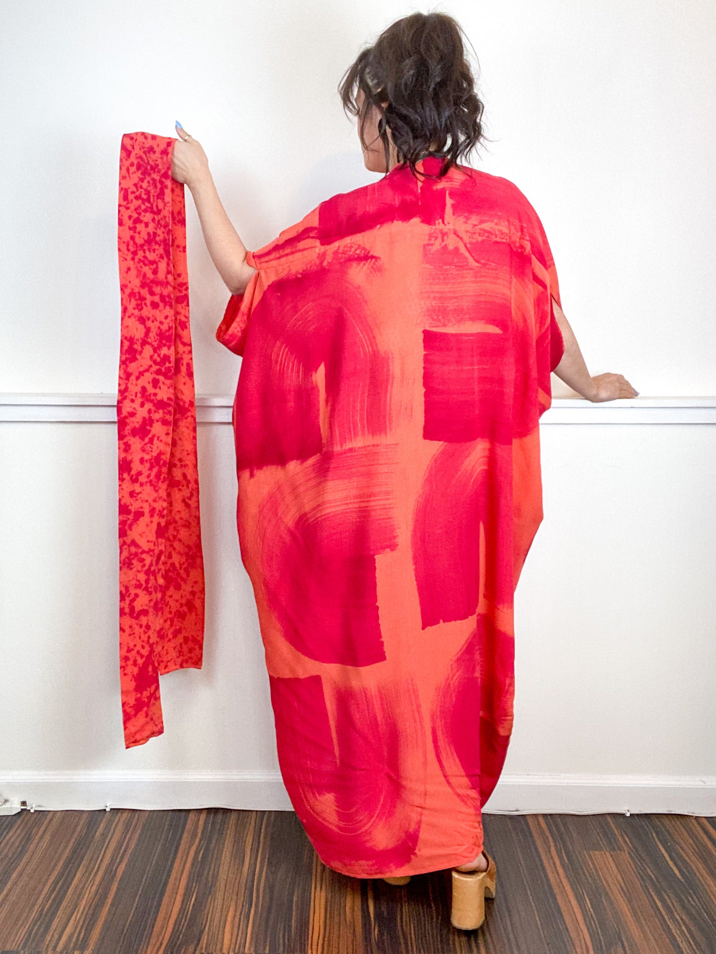 Hand-Dyed High Low Kimono Coral Fuchsia Brushstroke
