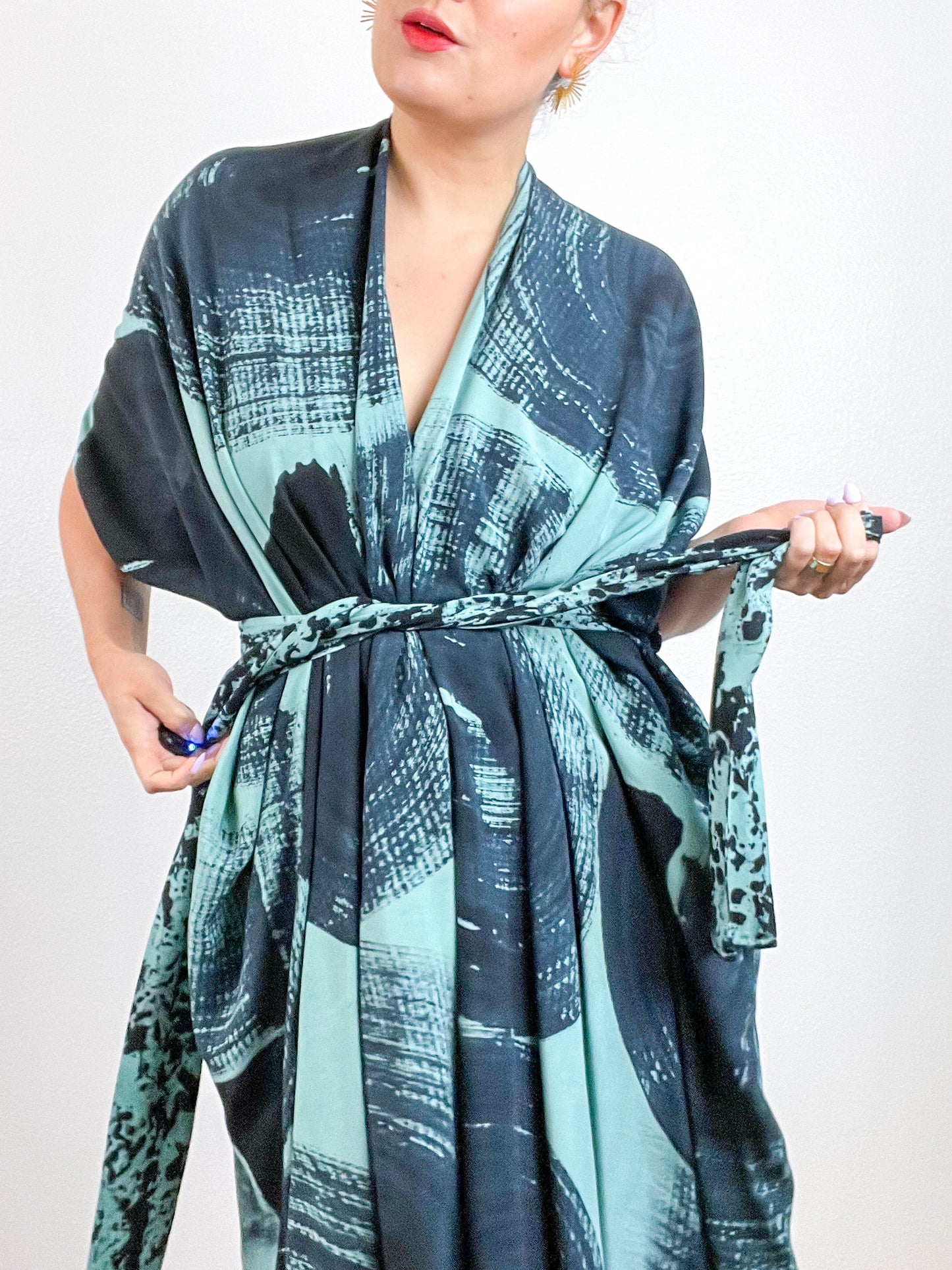 Hand-Dyed High Low Kimono Aqua Black Brushstroke