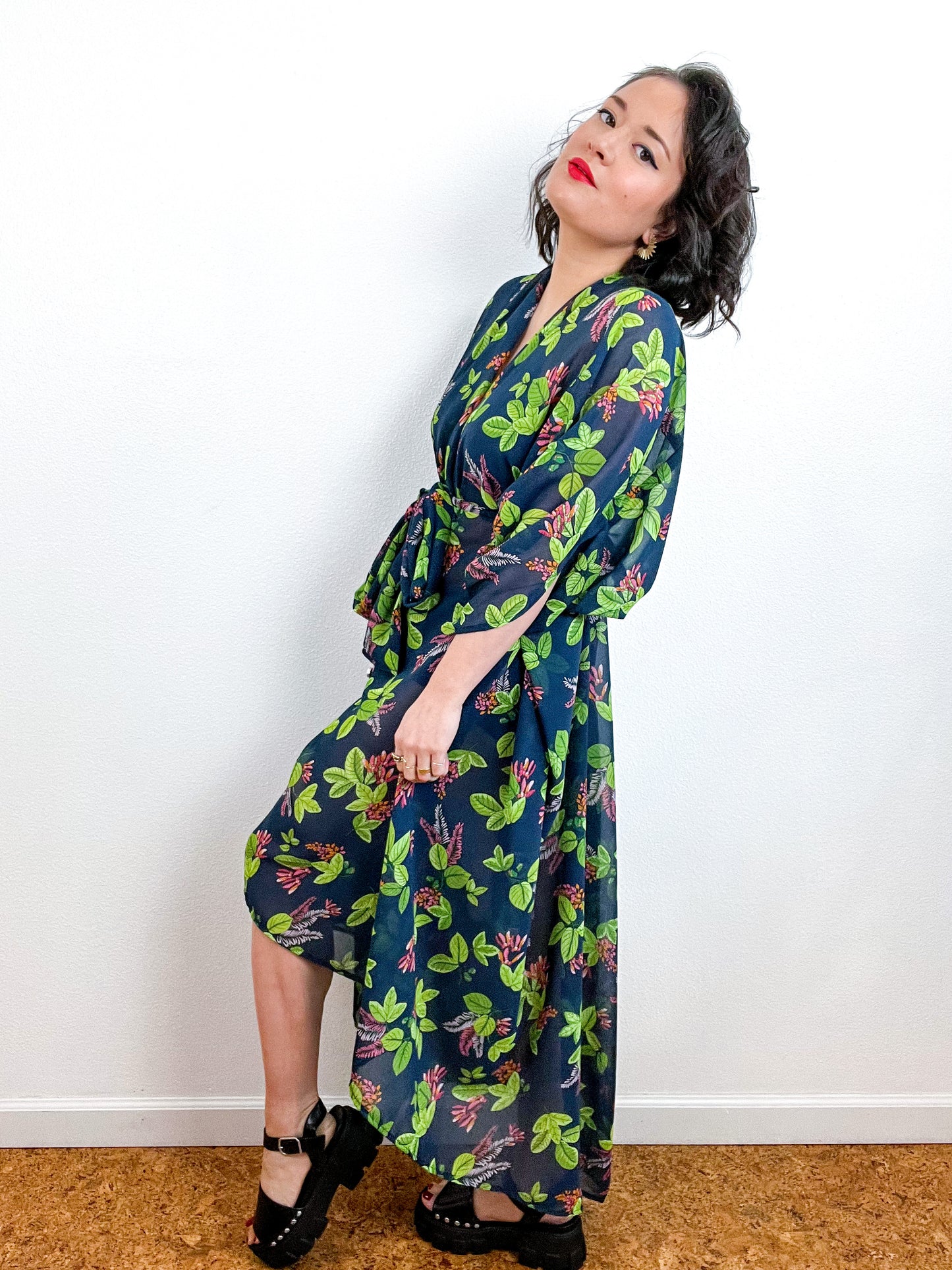 Print High Low Kimono Navy Green Floral Bunch Chiffon