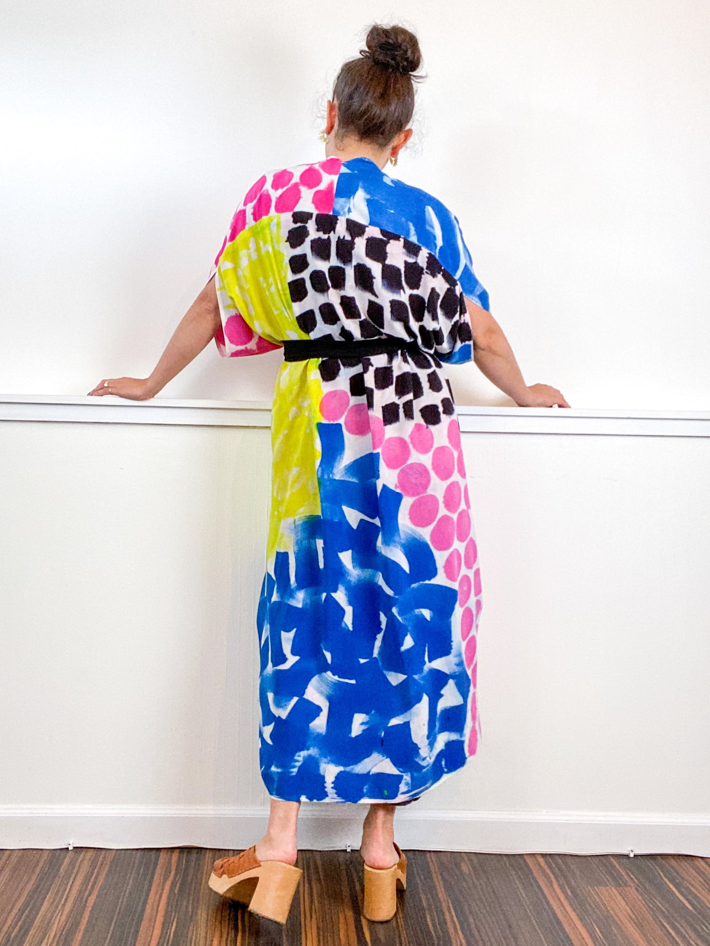 OOAK Hand-Dyed High Low Kimono Pink Raven Royal Lemon Brushstrokes