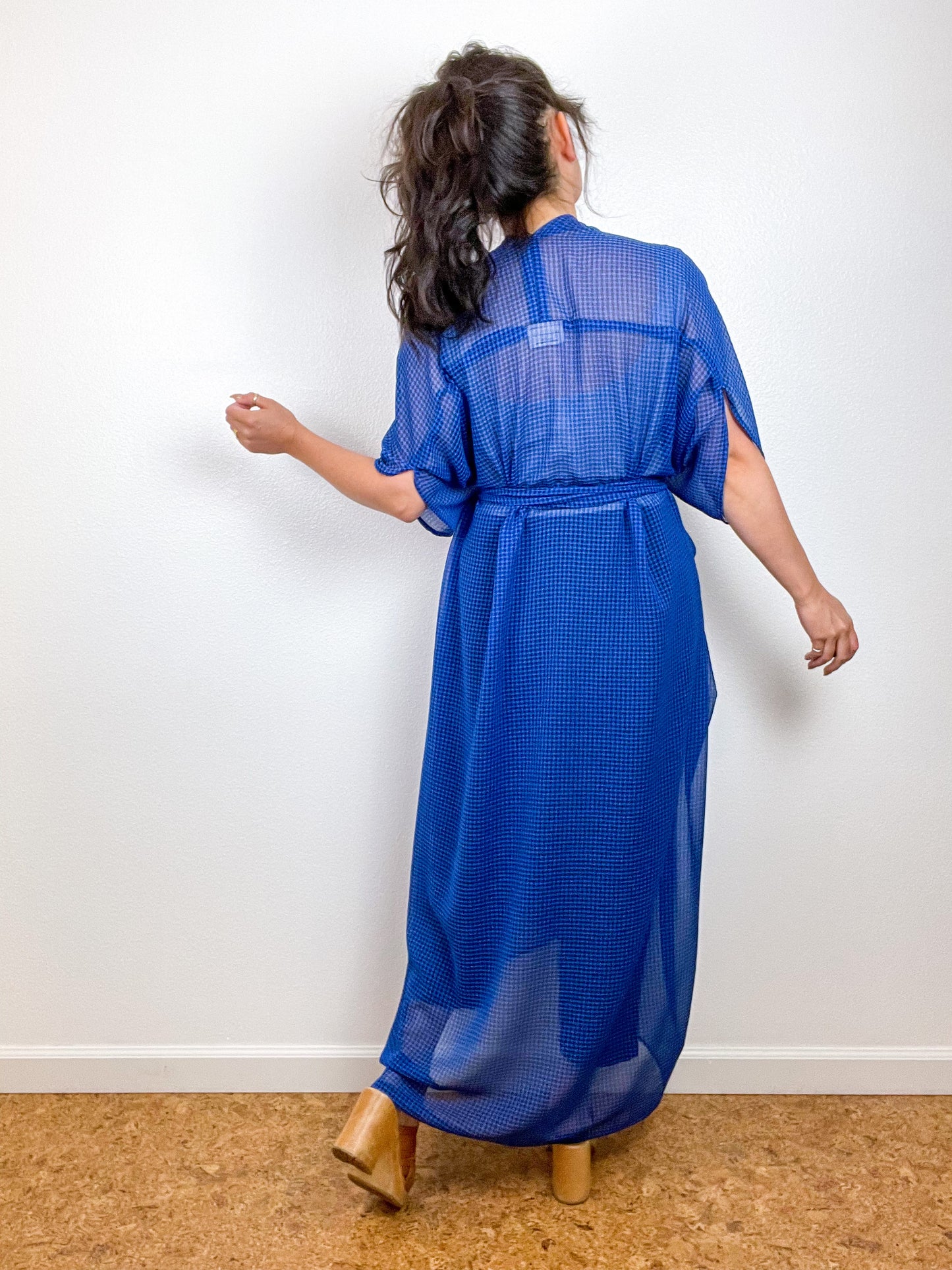 Print High Low Kimono Blue Black Mini Gingham Textured Chiffon