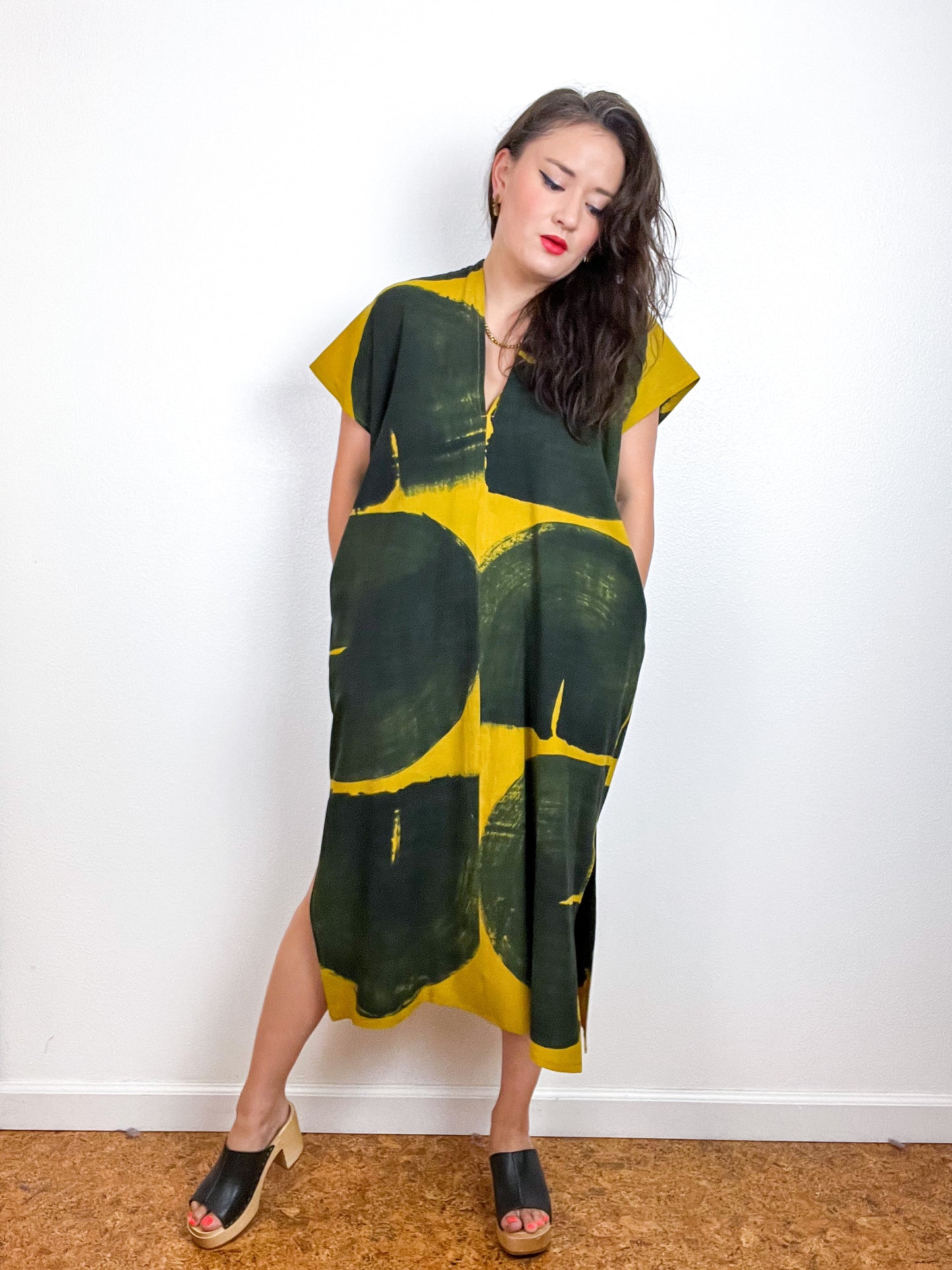 Hand-Dyed Midi Smock Dress Brass Black Brush