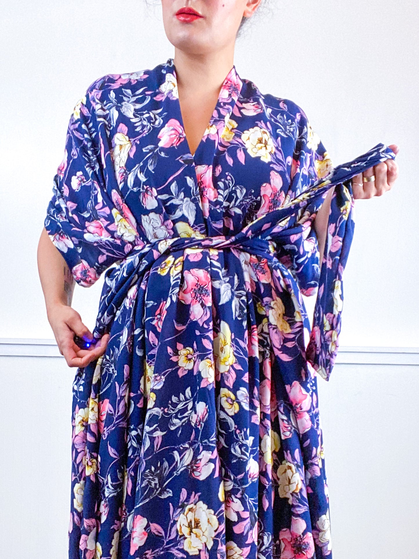 Print High Low Kimono Navy Pink Floral Rayon Challis