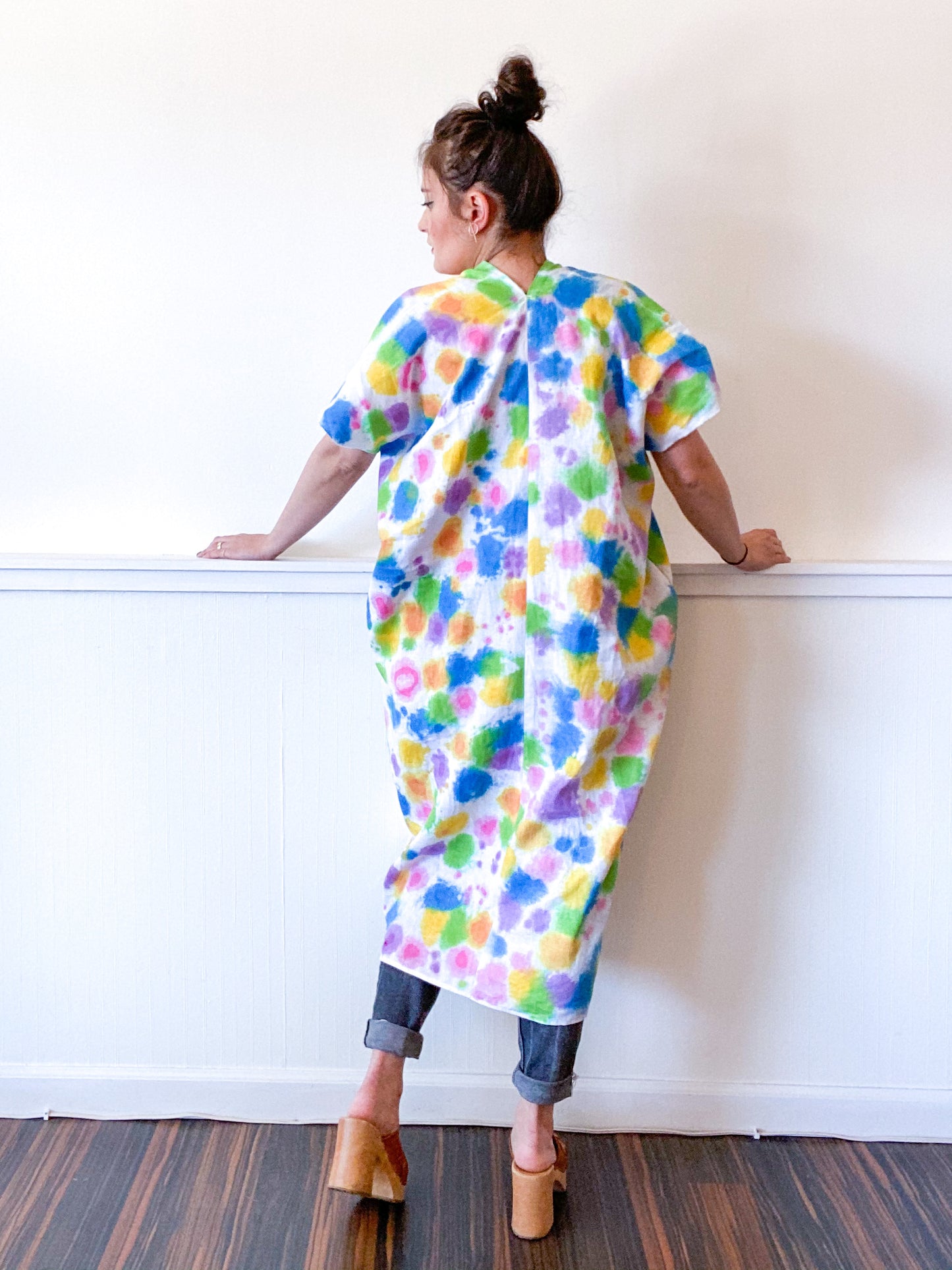 Hand-Dyed Linen Smock Dress Rainbow Dots