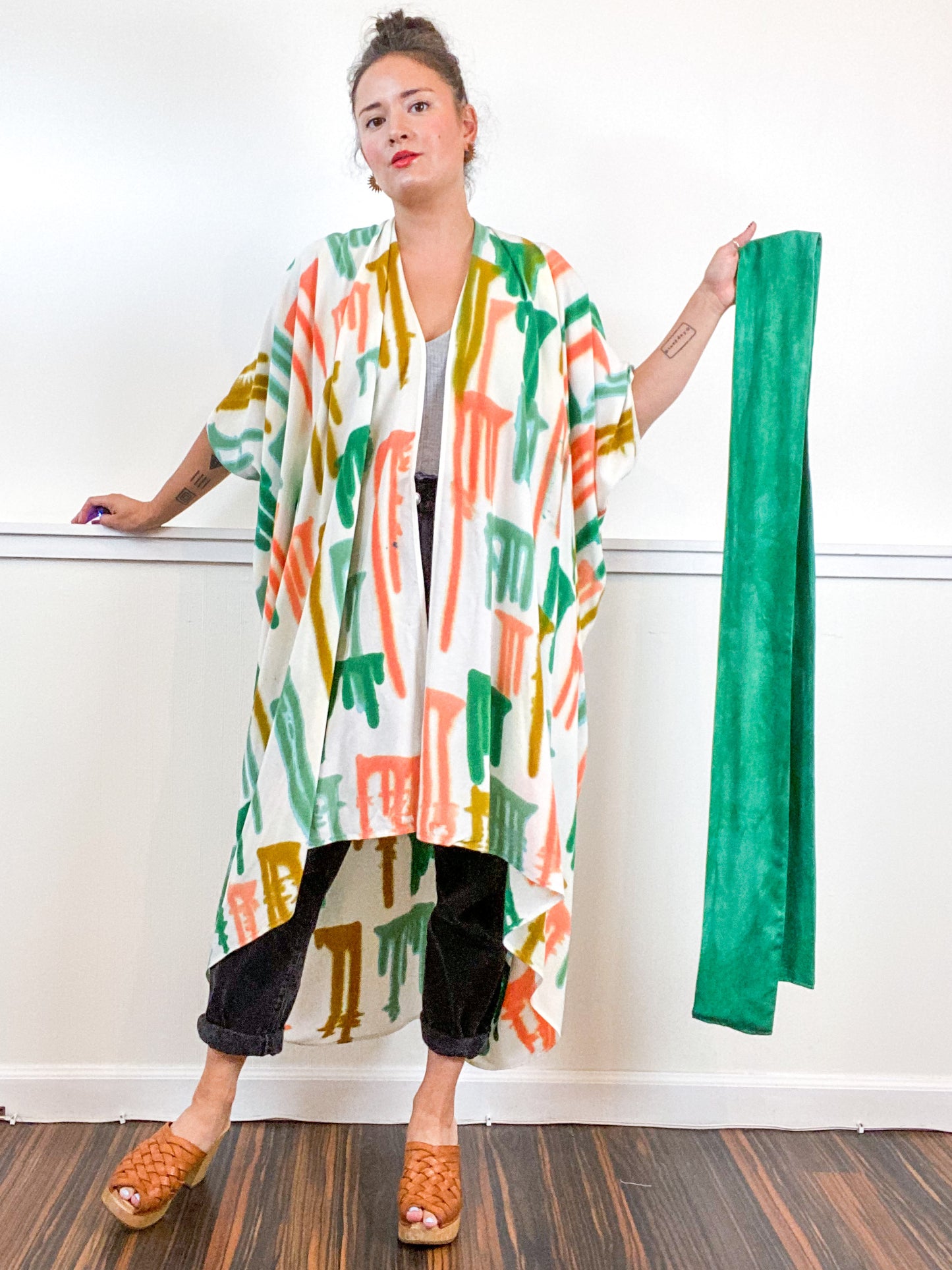 OOAK Hand-Dyed High Low Kimono Emerald Flamingo Amber Sea Drips
