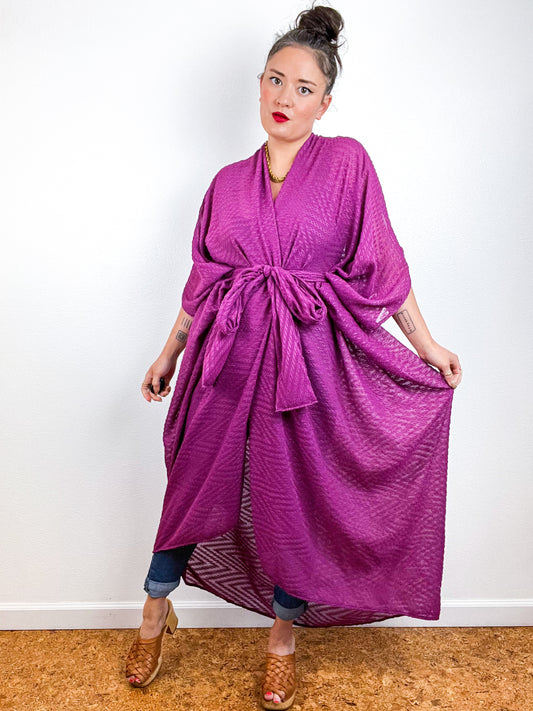 Print High Low Kimono Magenta Flocked Chevron Chiffon