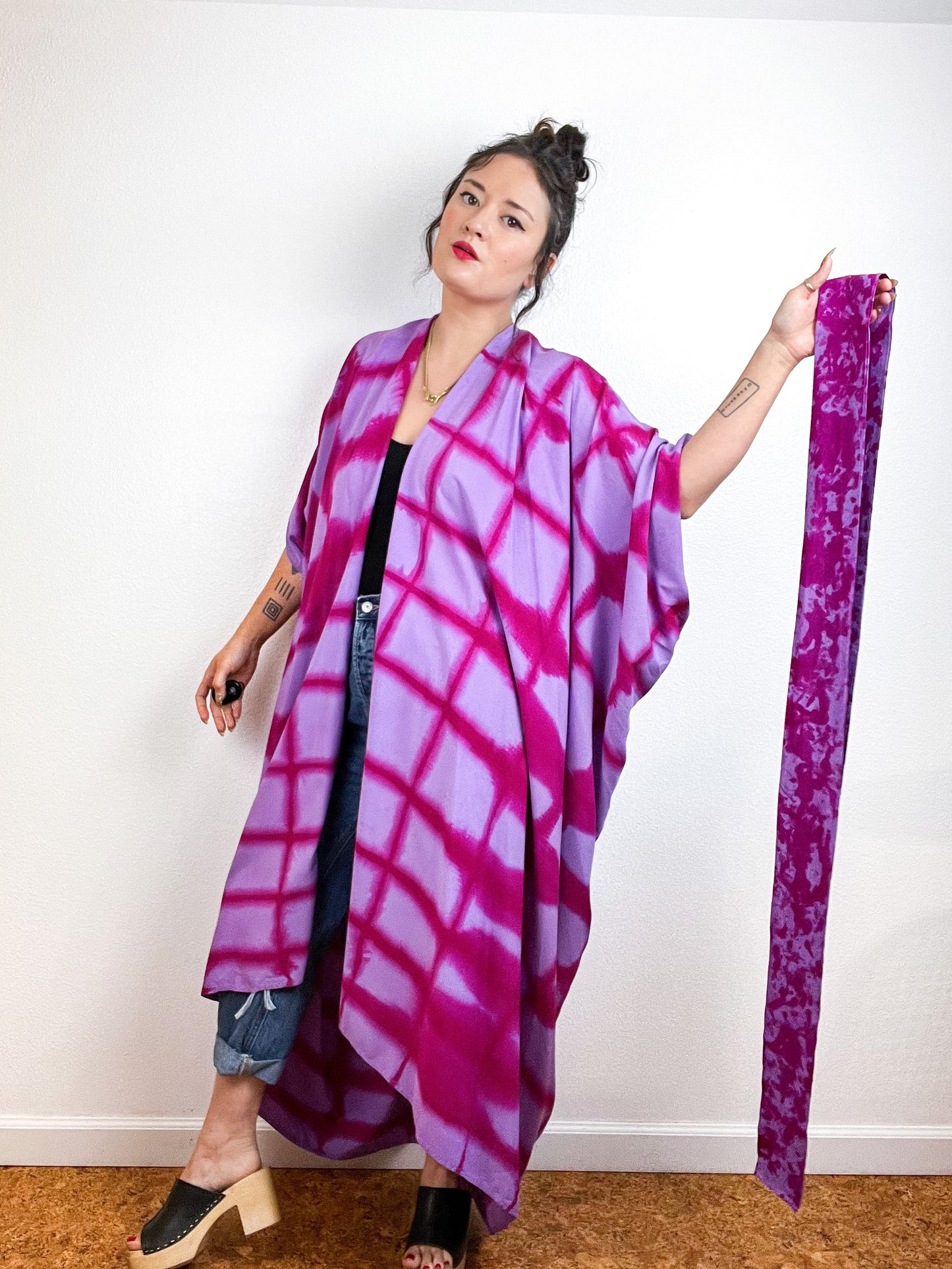 Hand-Dyed High Low Kimono Lilac Fuchsia Windowpane