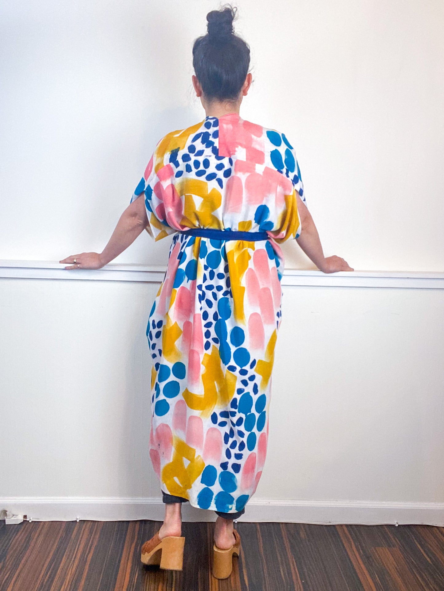 OOAK Hand-Dyed High Low Kimono Marigold Kingfisher Indigo Coral