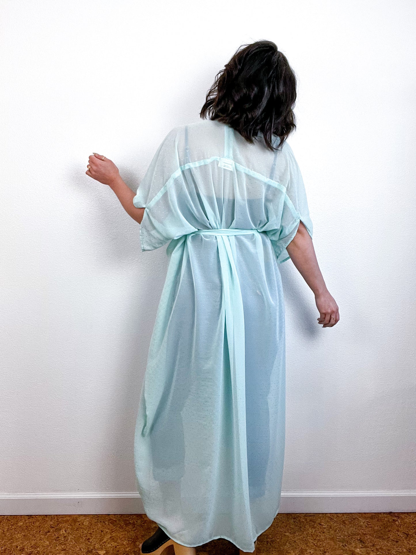 Solid High Low Kimono Mint Gold Pindot Chiffon