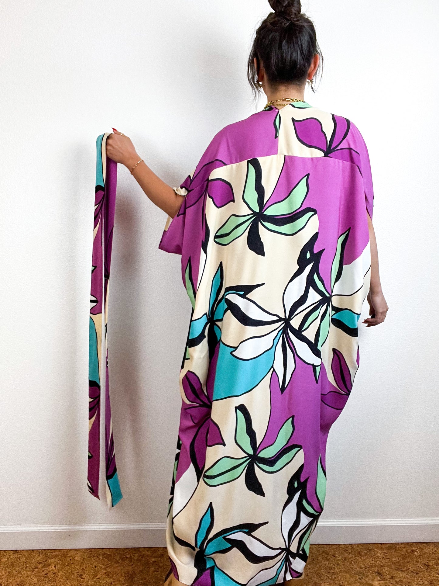Print High Low Kimono Lilac Ecru Abstract Floral Challis