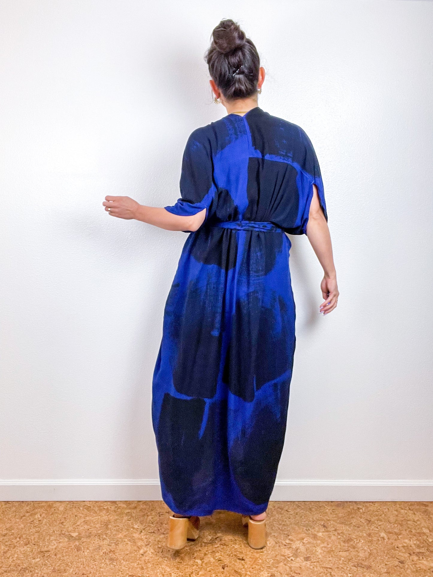 Hand-Dyed High Low Kimono Royal Blue Black Brushstroke