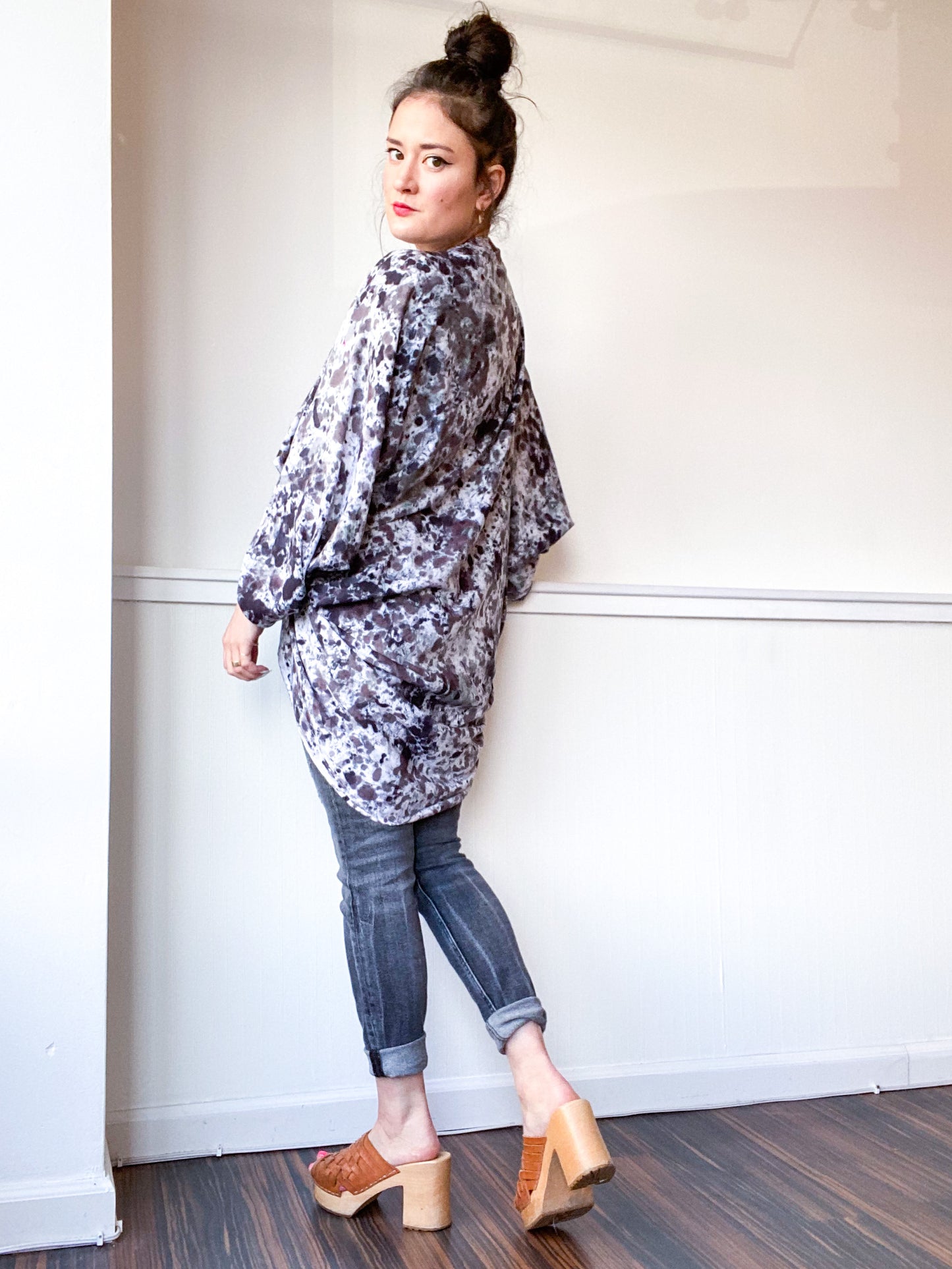 Hand-Dyed Waterfall Kimono Speckle Black Grey