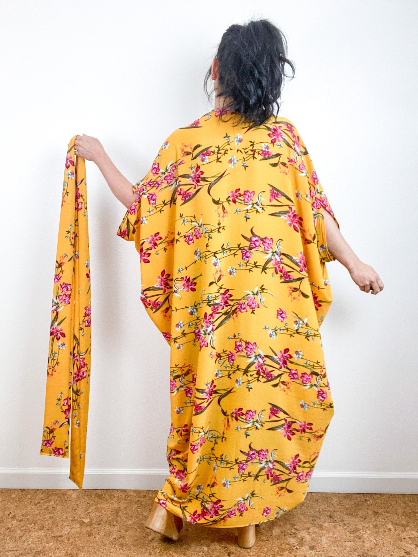 Print High Low Kimono Marigold Floral Bubble Crepe