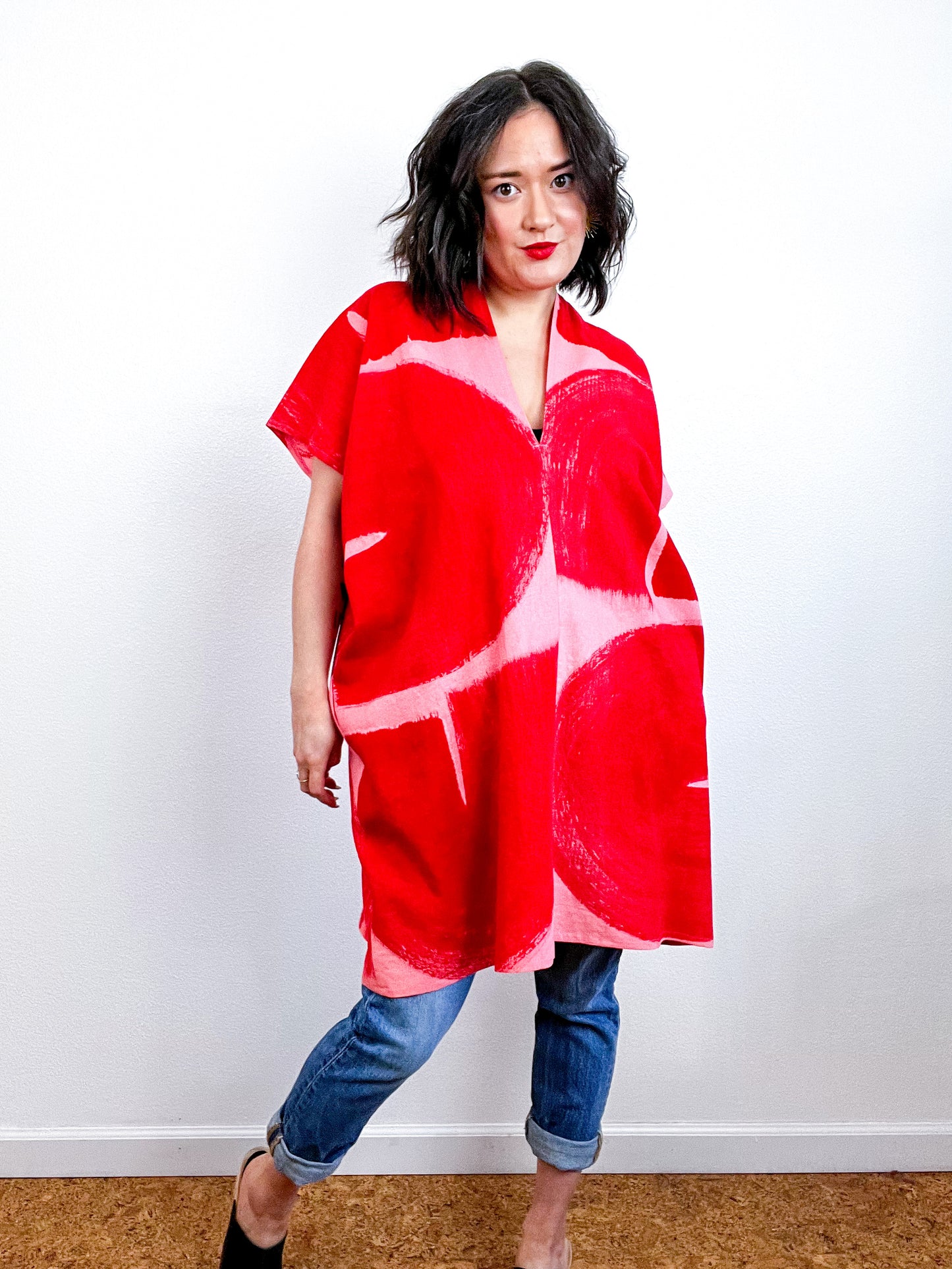 Hand-Dyed Mini Smock Dress Coral Scarlet Brush