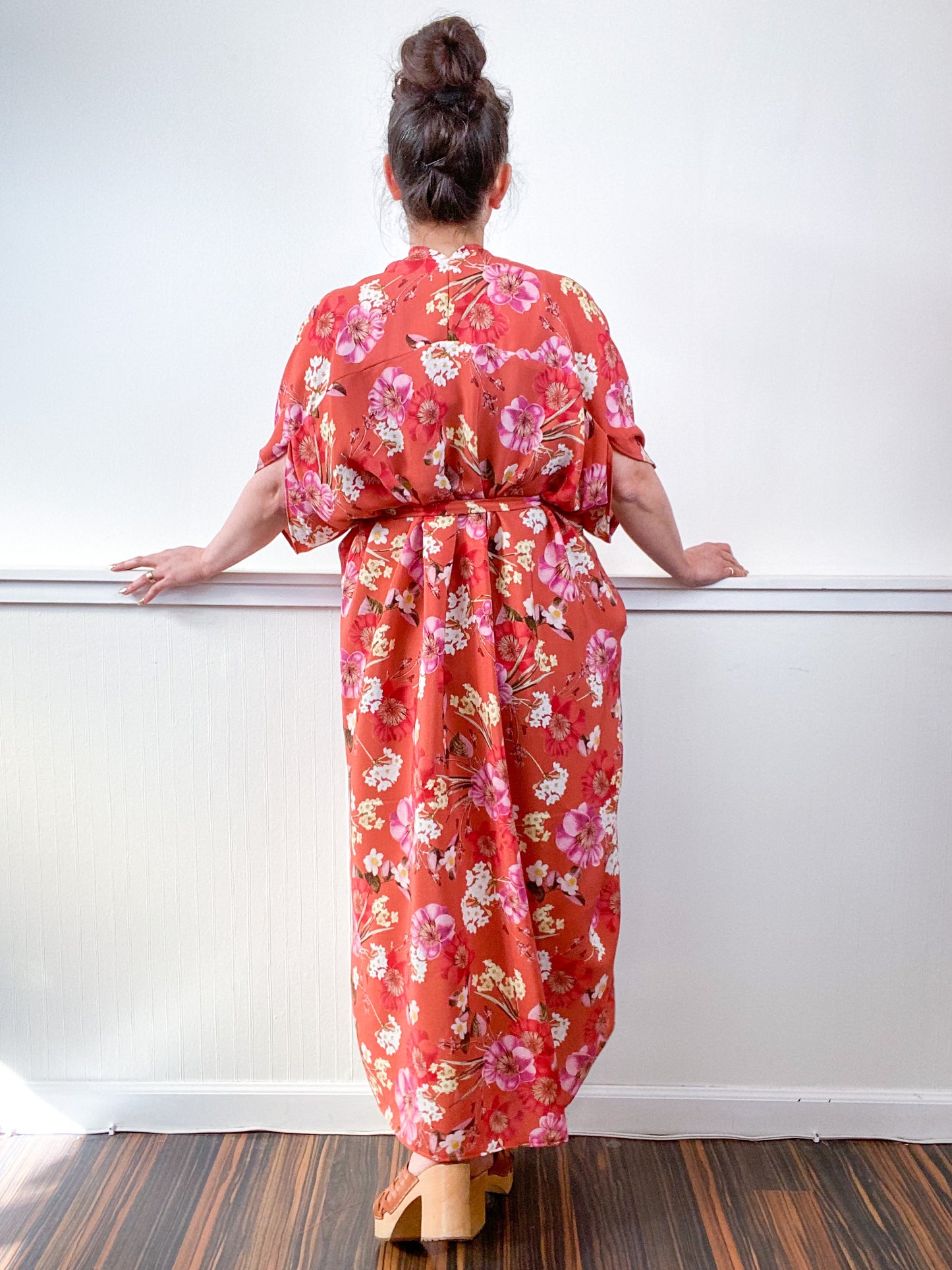 Print High Low Kimono Orange Floral Crepe