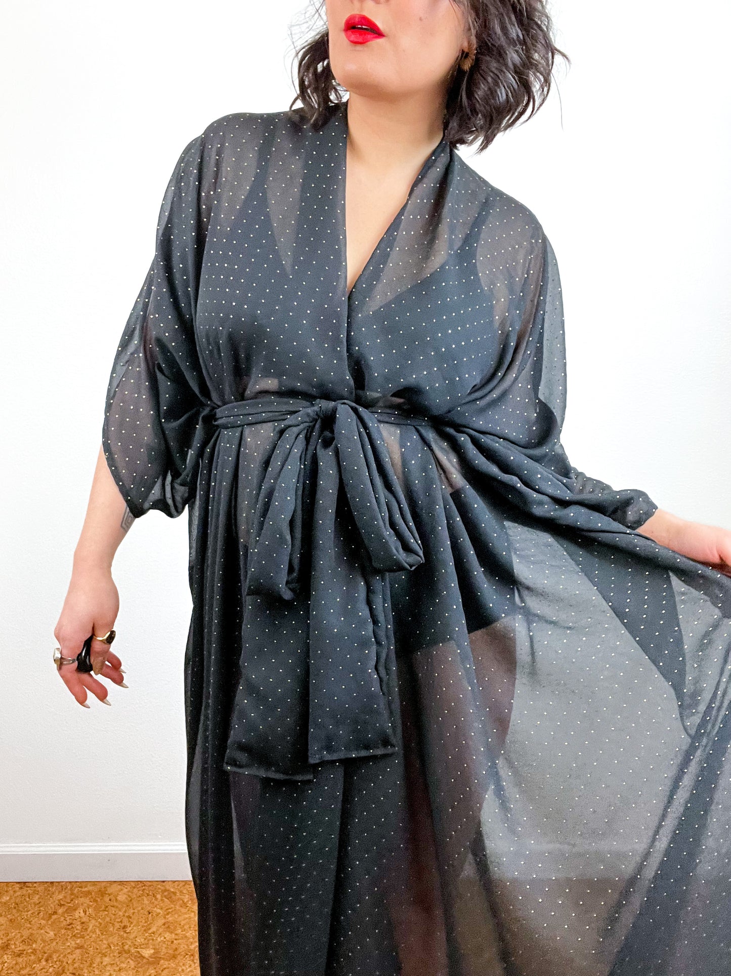 Print High Low Kimono Black Gold Pindot Chiffon