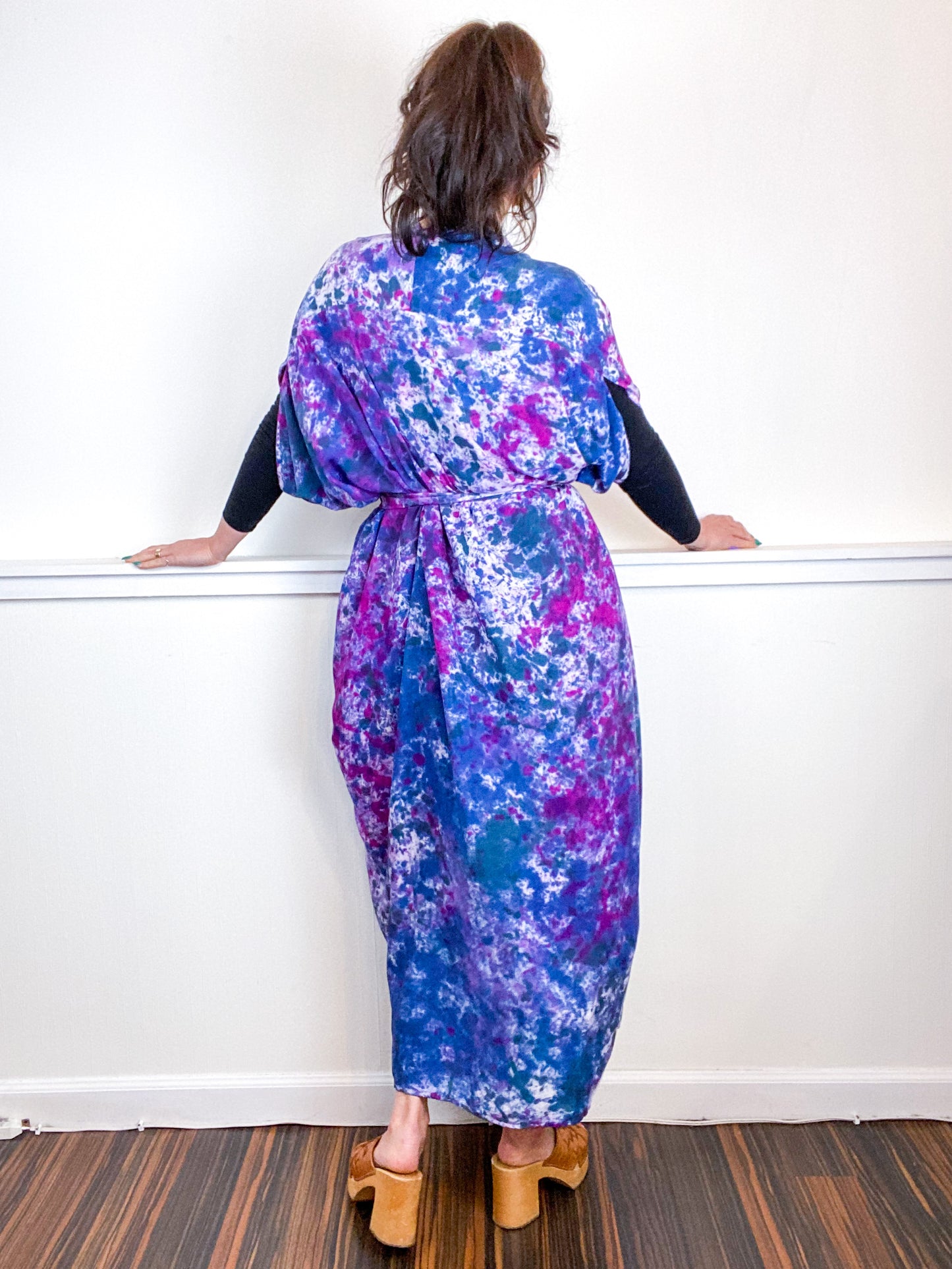 Hand-Dyed High Low Kimono Amethyst Orchid Indigo Teal Speckle