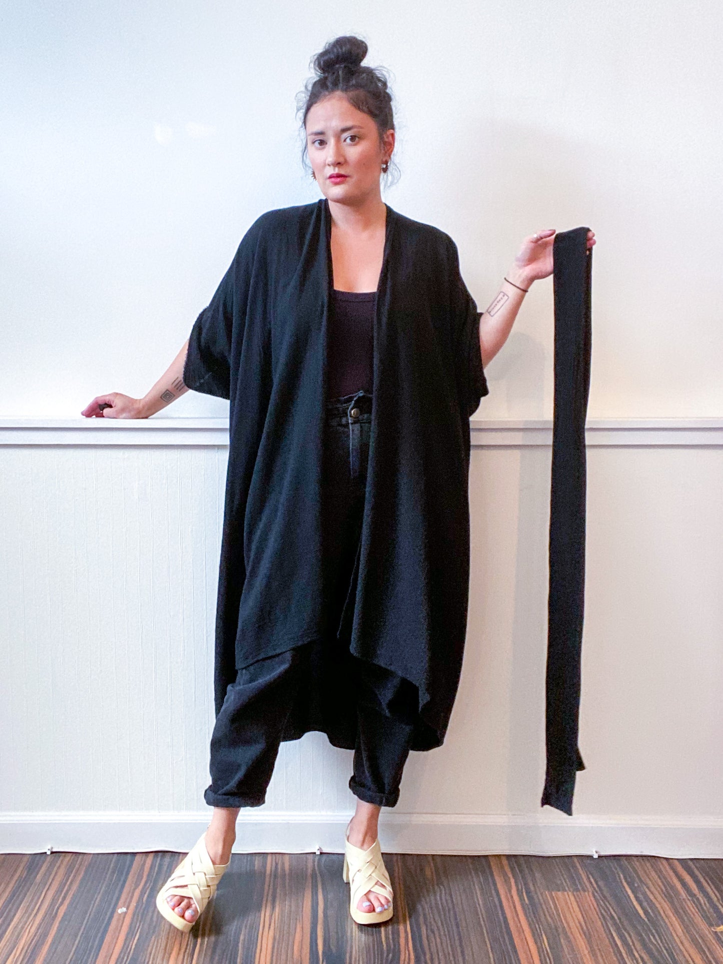 Solid High Low Kimono Black Cotton Gauze