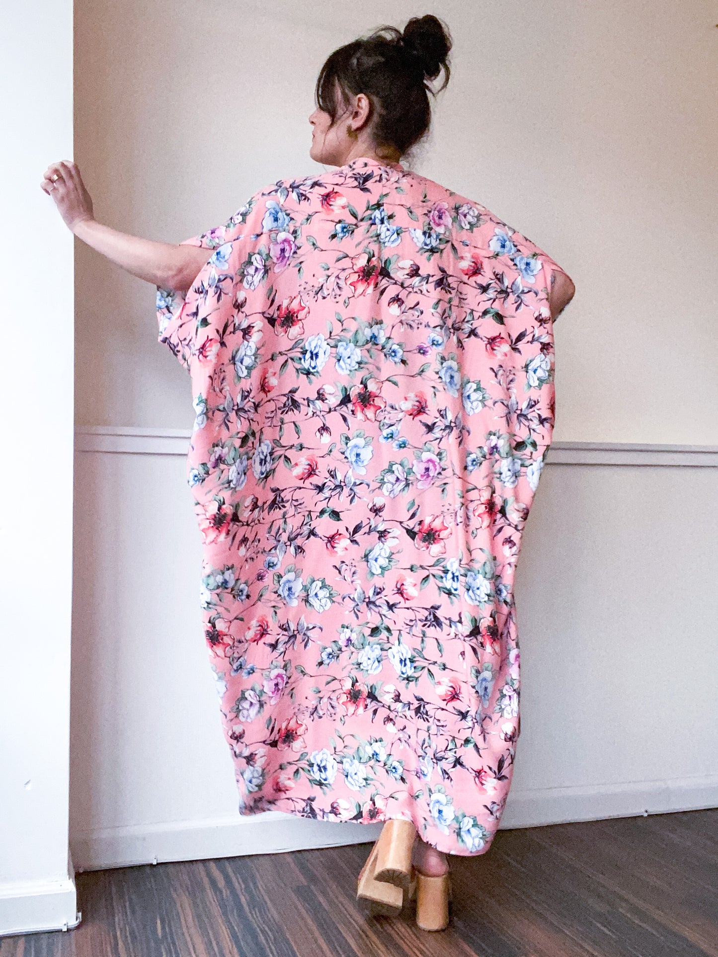 Print High Low Kimono Coral Gardenia Floral Rayon Challis