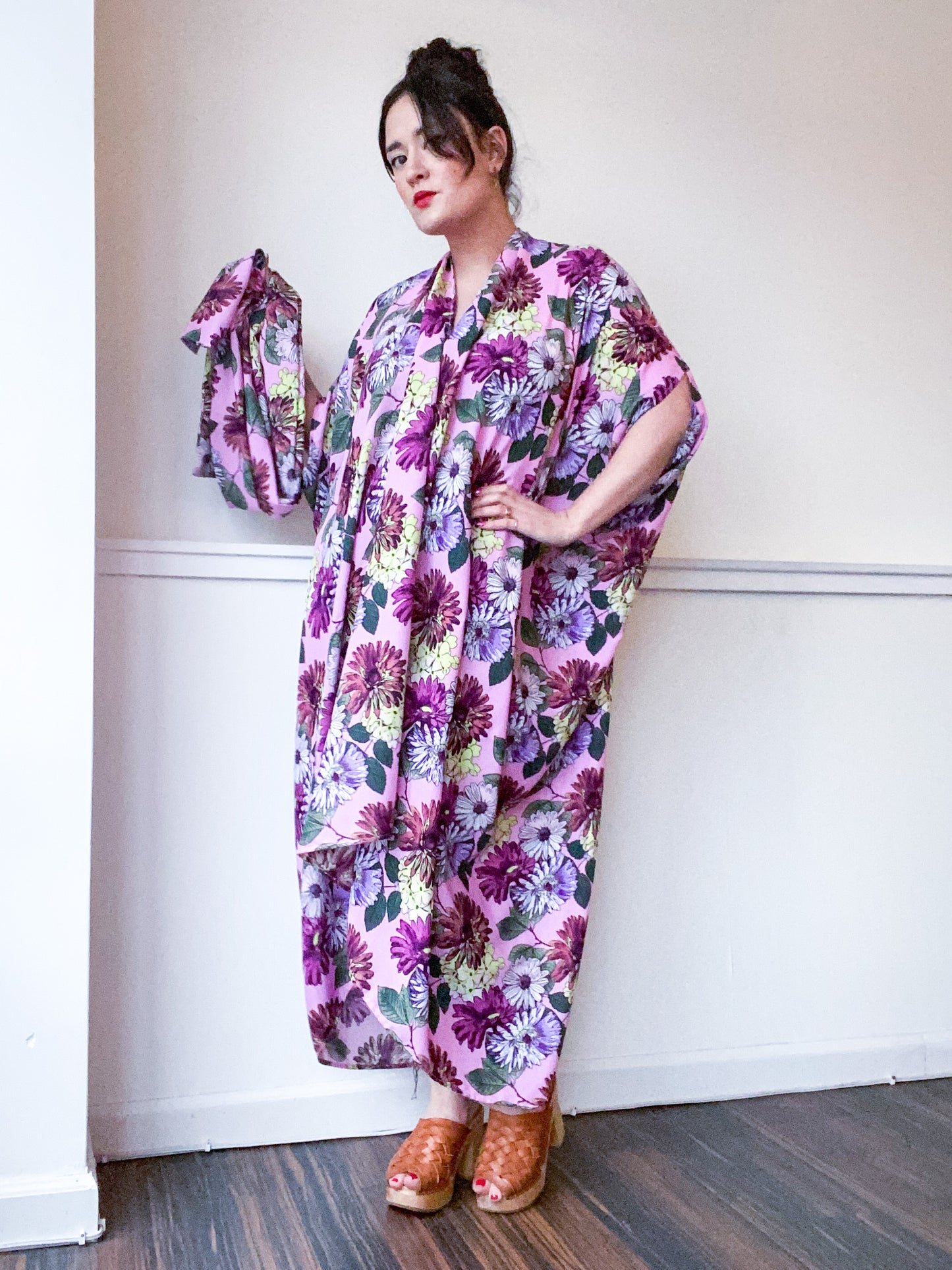Print High Low Kimono Pink Daisy Floral